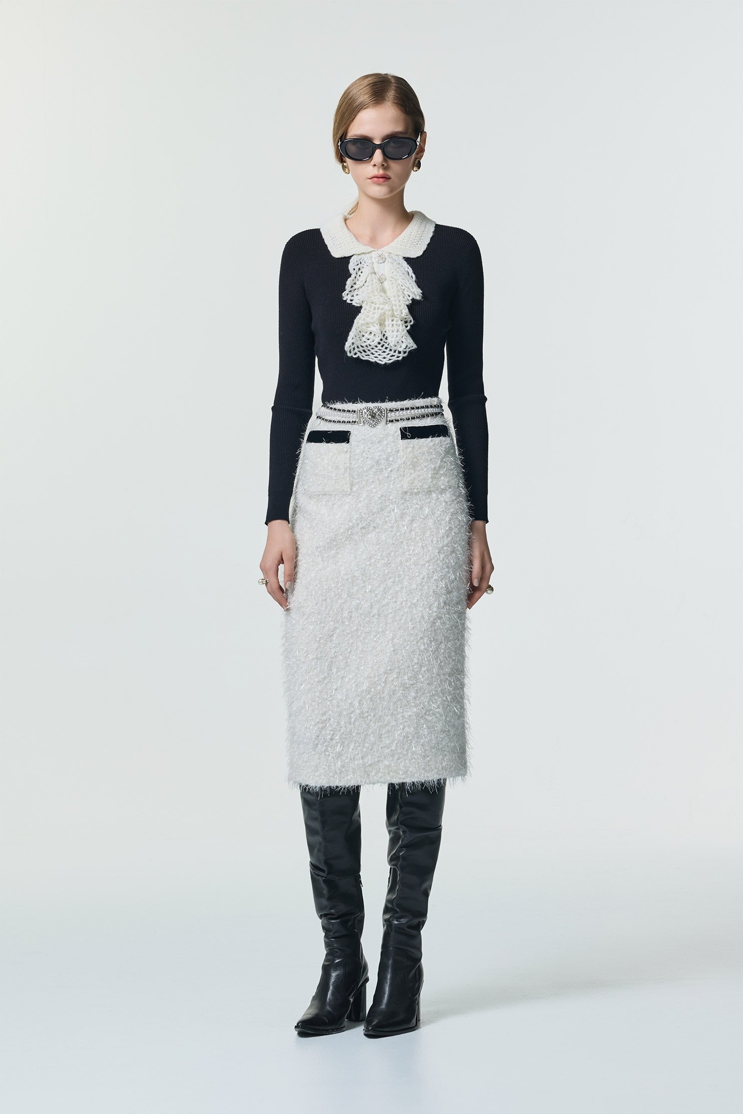 Black Trim Detail Midi Fringe Pencil SkirtBlack Trim Detail Midi Fringe Pencil Skirt,Season (SS) Look,White skirts,Midi skirts