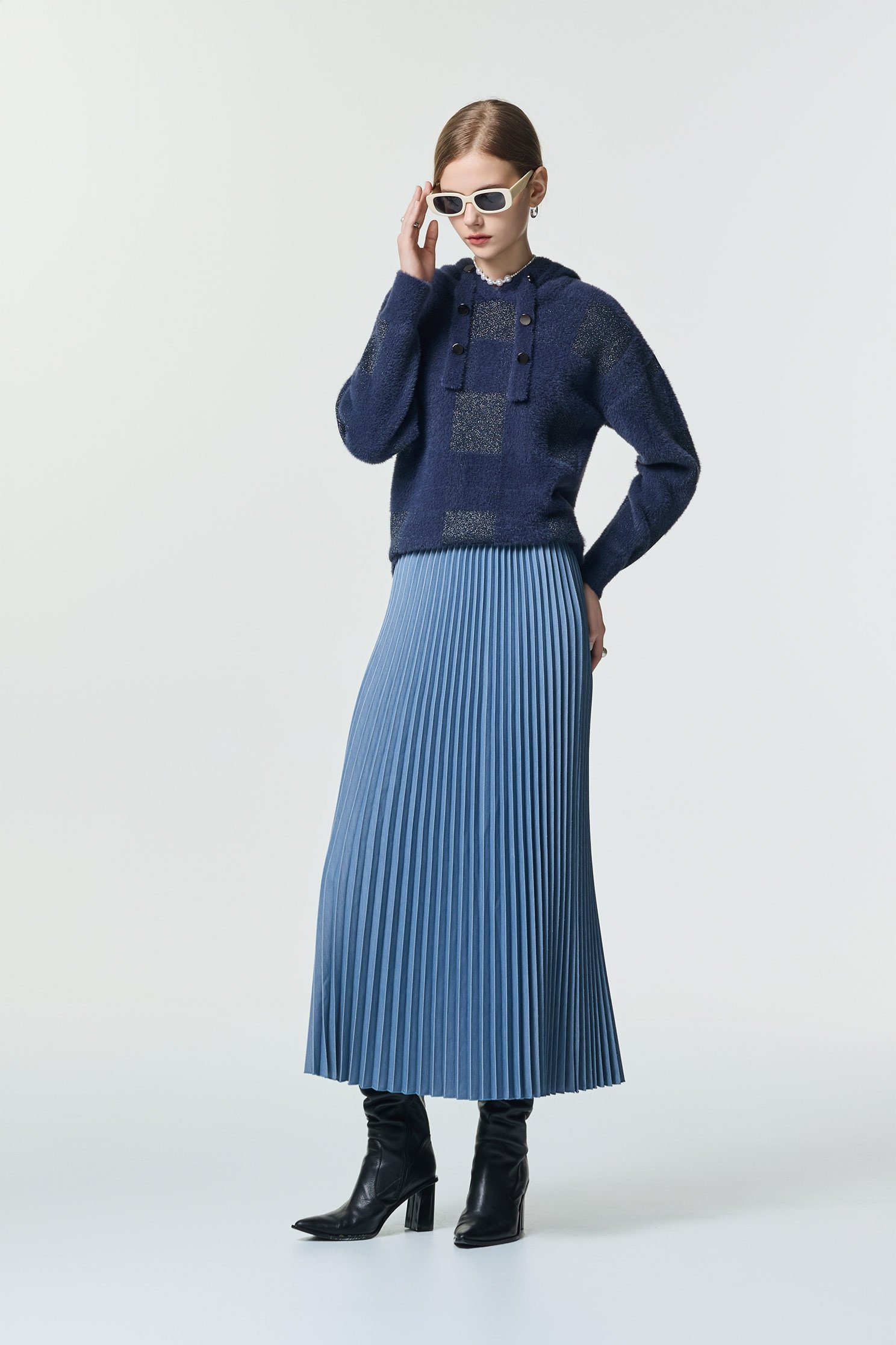 Pleated Faded Blue Maxi SkirtPleated Faded Blue Maxi Skirt,Season (SS) Look,pearl,Pleated skirts