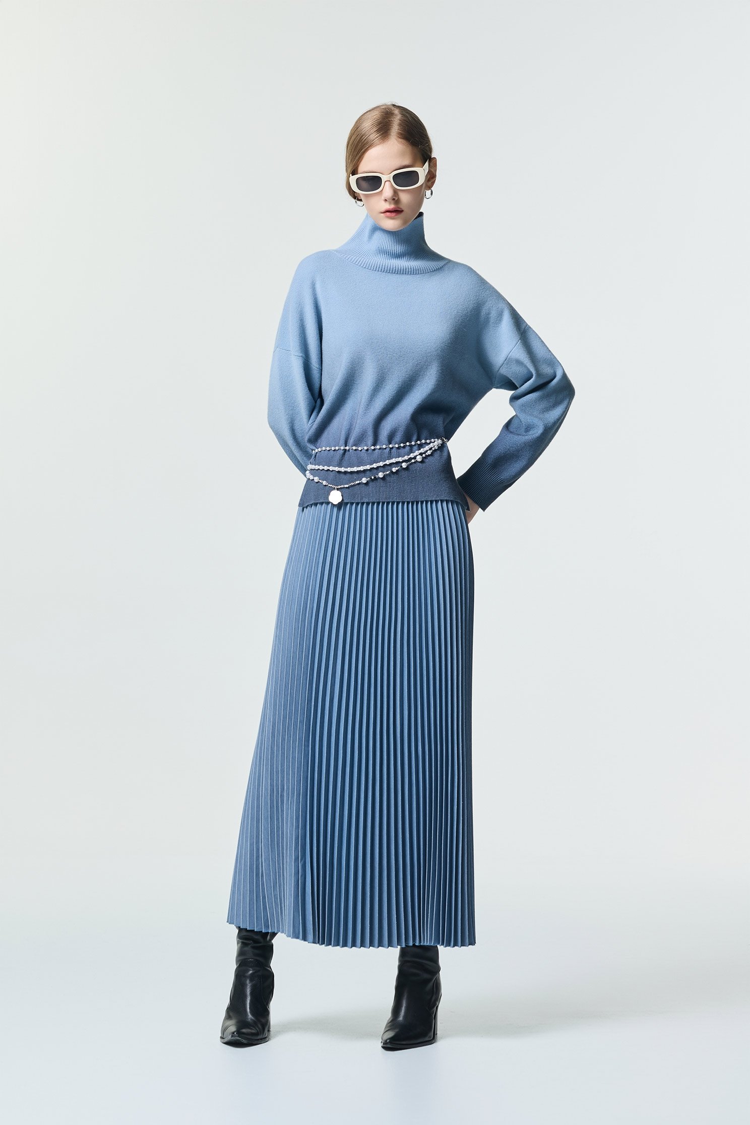 Pleated Faded Blue Maxi SkirtPleated Faded Blue Maxi Skirt,Season (SS) Look,pearl,Pleated skirts