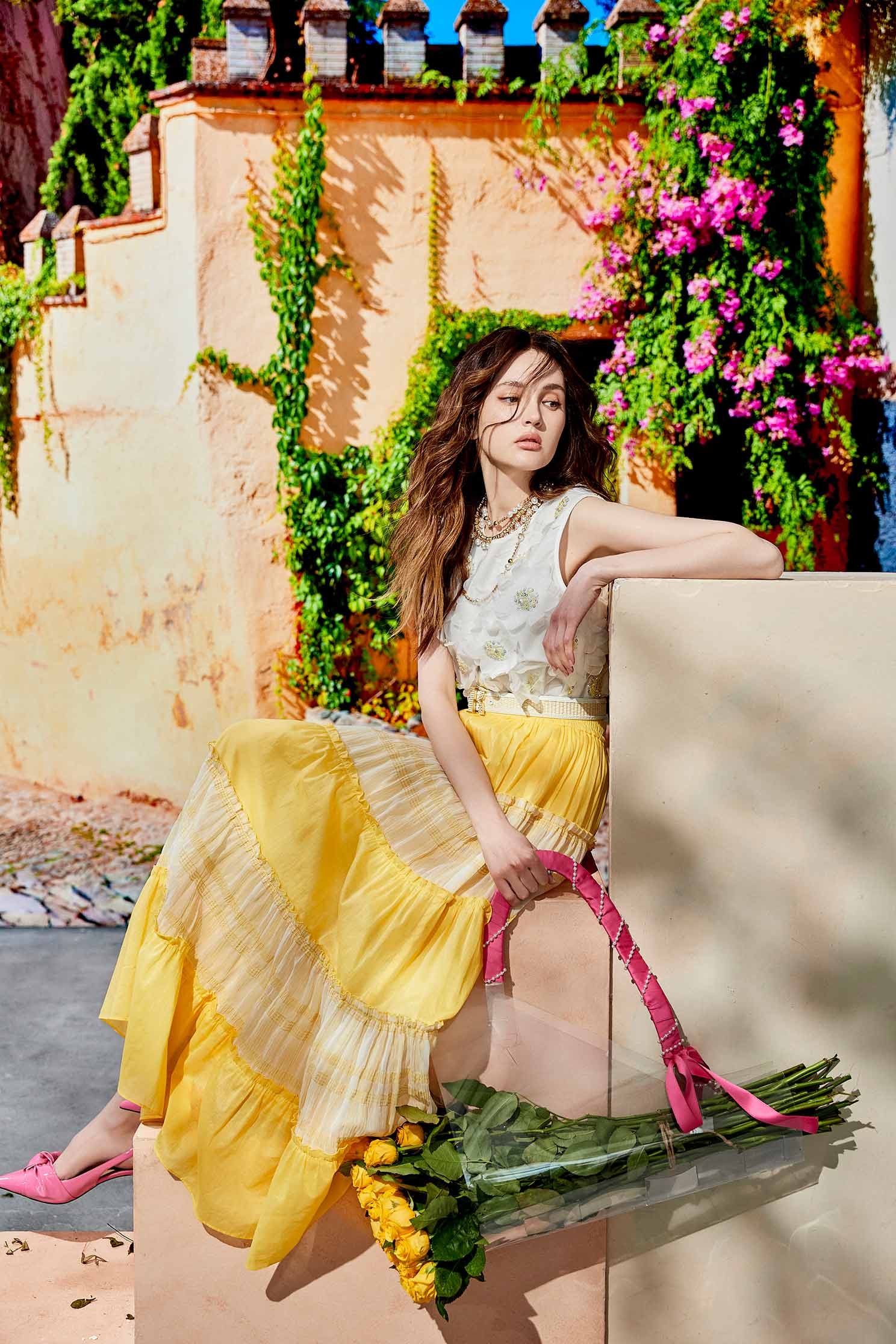 Yellow Patchwork Tiered SkirtYellow Patchwork Tiered Skirt,Season (SS) Look,Layered skirts,Midi skirts