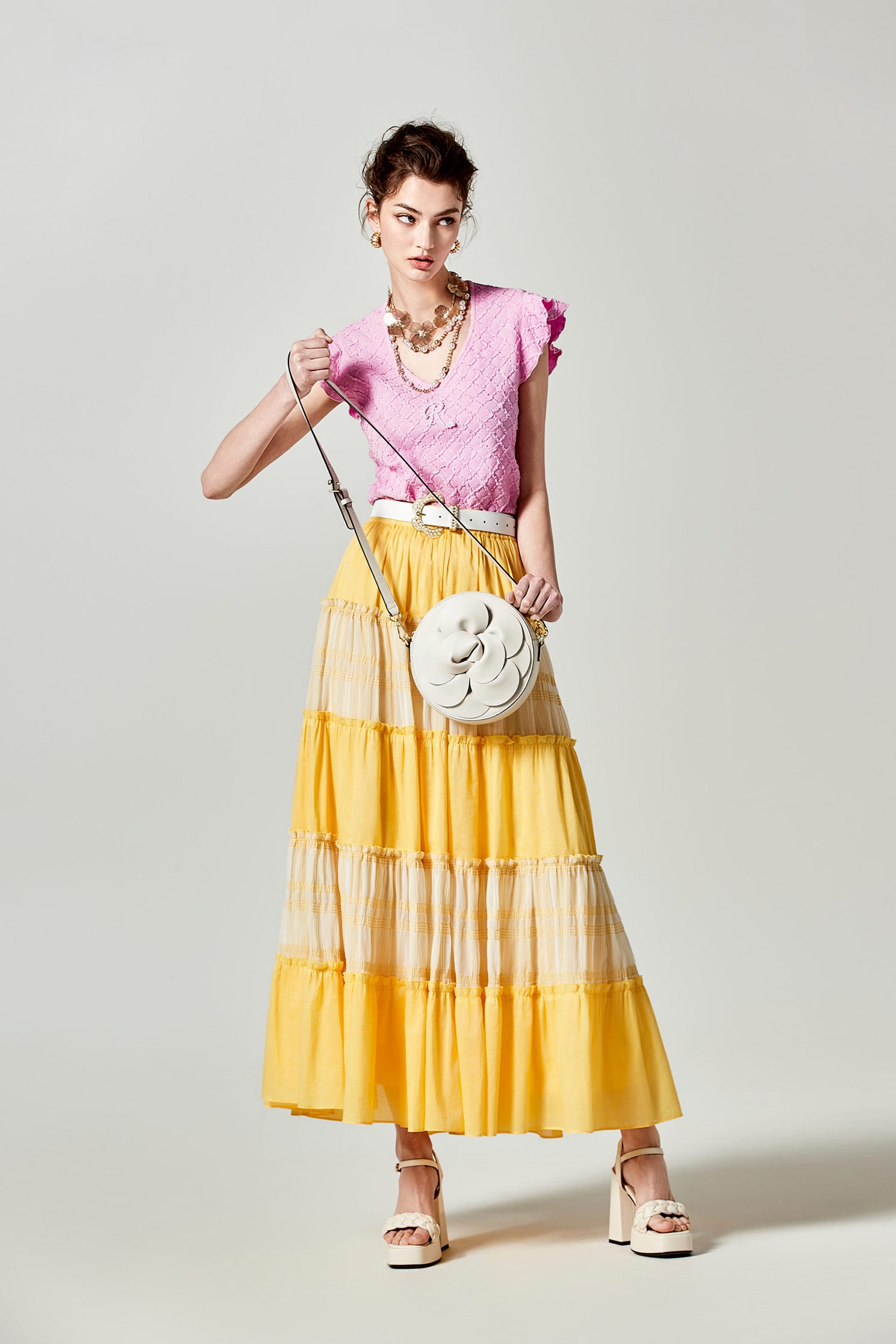 Yellow Patchwork Tiered SkirtYellow Patchwork Tiered Skirt,Season (SS) Look,Layered skirts,Midi skirts