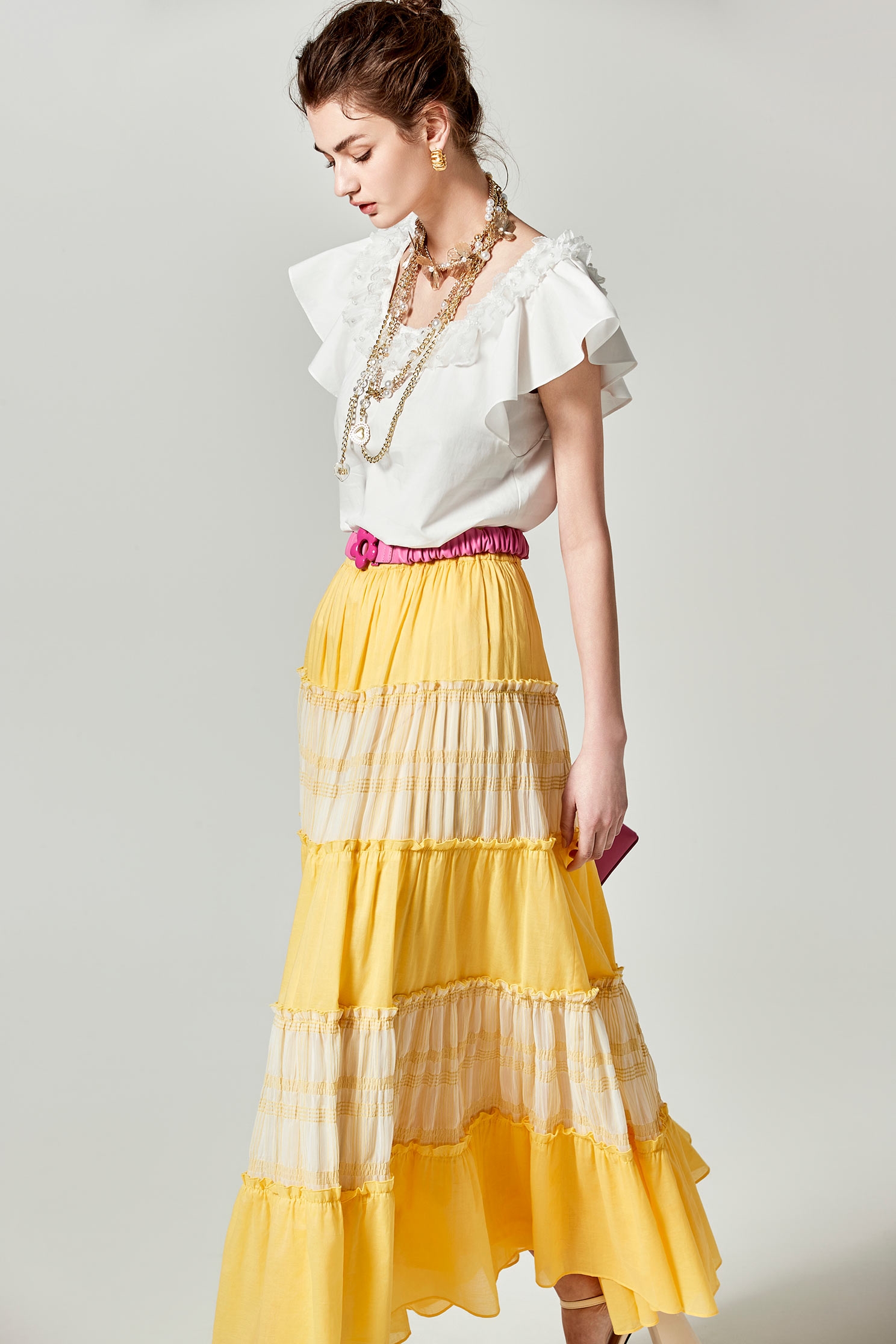 Yellow Patchwork Tiered SkirtYellow Patchwork Tiered Skirt,Season (SS) Look,Layered skirts,Midi skirts