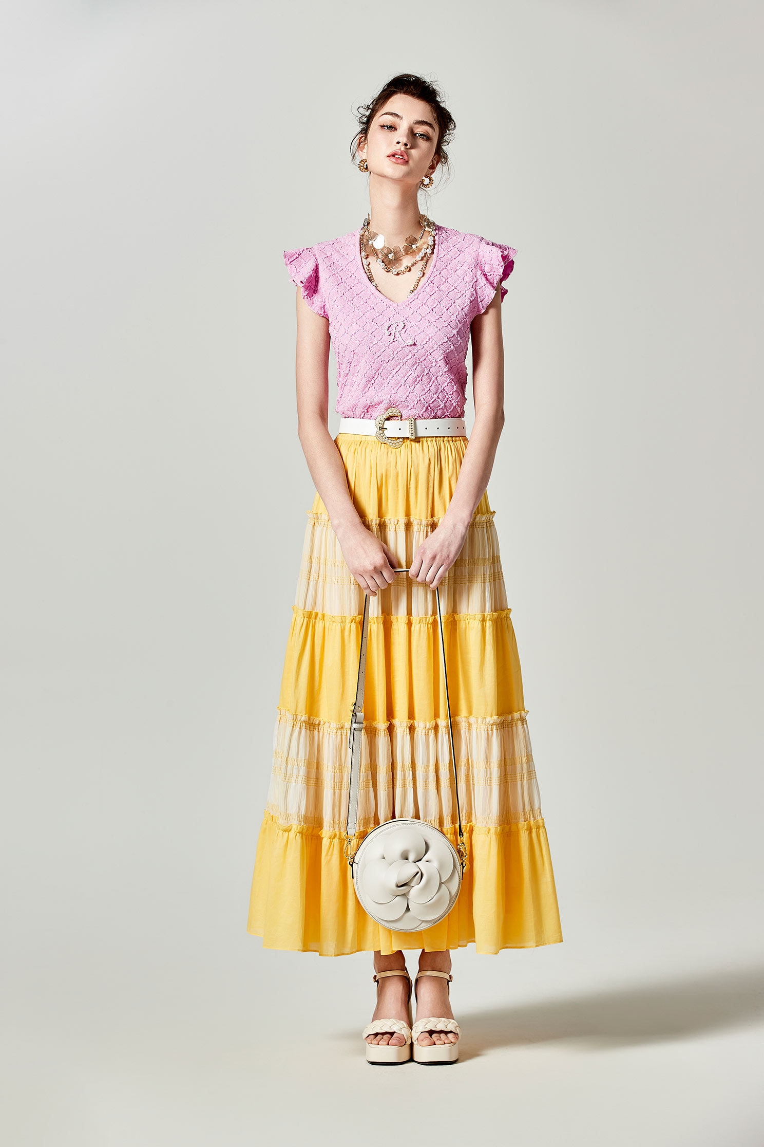 Yellow Patchwork Tiered SkirtYellow Patchwork Tiered Skirt,Season (SS) Look,Layered skirts,Midi skirts