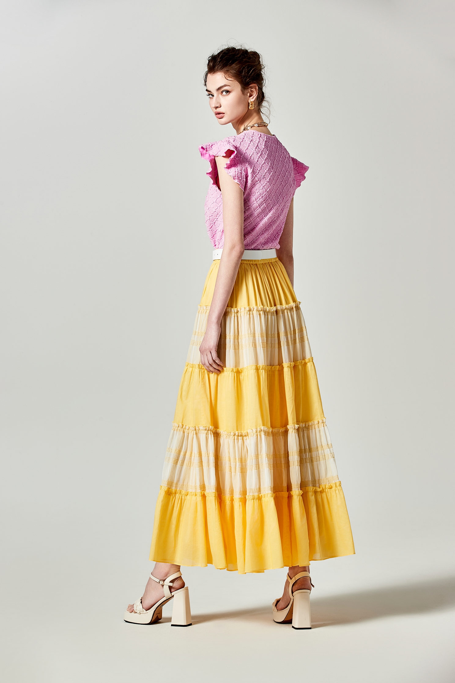 Yellow Patchwork Tiered SkirtYellow Patchwork Tiered Skirt,Season (SS) Look,Layered skirts,Midi skirts