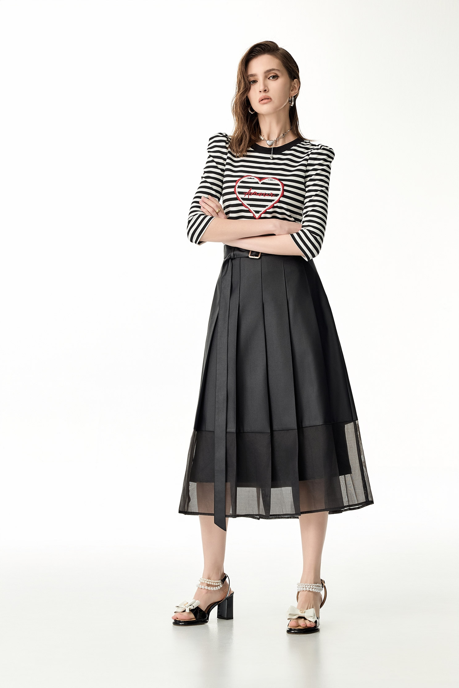 Organza Contrast Pleated SkirtOrganza Contrast Pleated Skirt,Office Looks,Season (SS) Look,Midi skirts