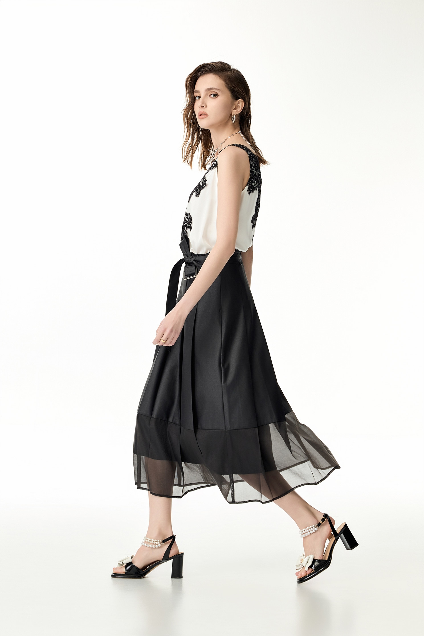 Organza Contrast Pleated SkirtOrganza Contrast Pleated Skirt,Office Looks,Season (SS) Look,Midi skirts