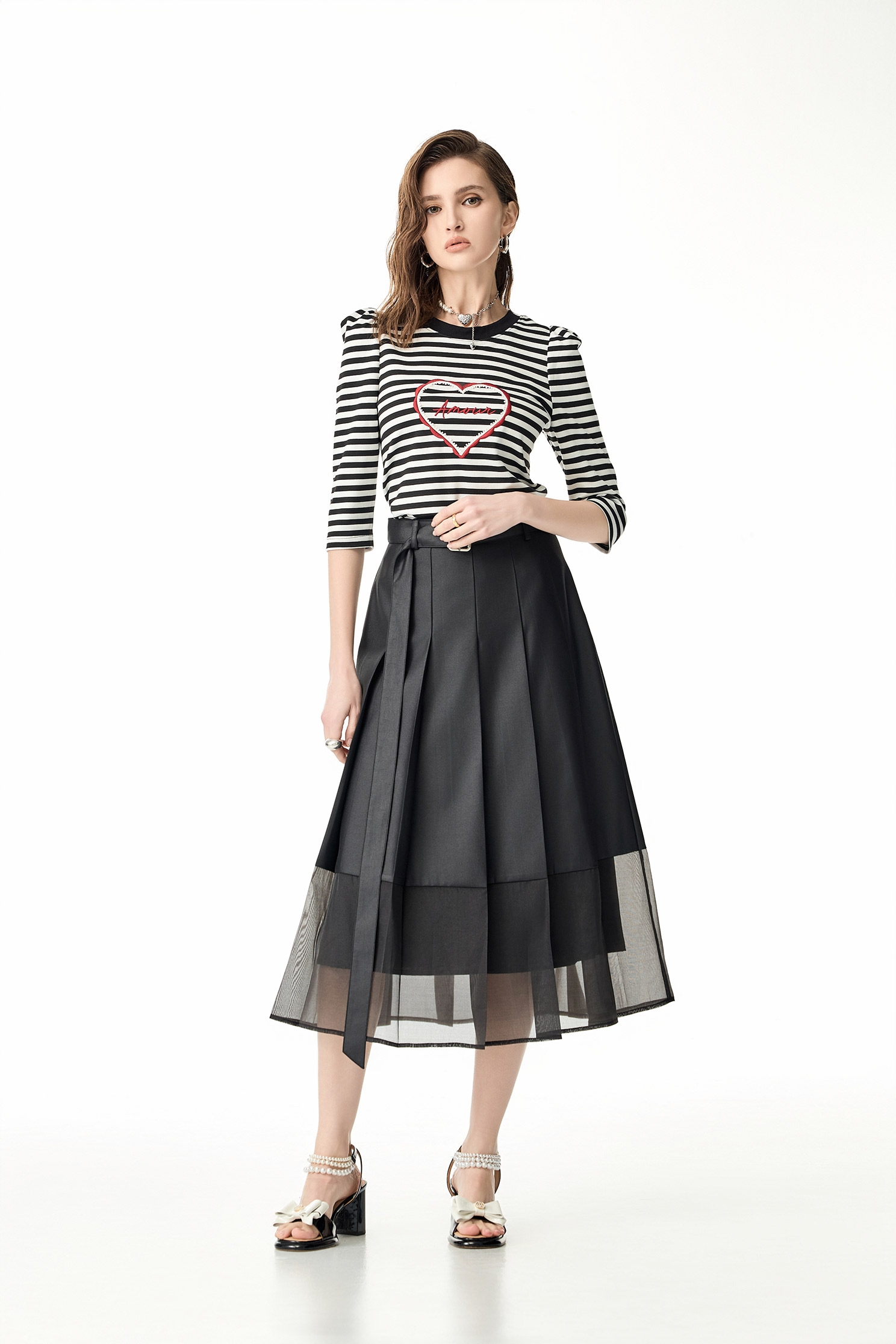 Organza Contrast Pleated SkirtOrganza Contrast Pleated Skirt,Office Looks,Season (SS) Look,Midi skirts