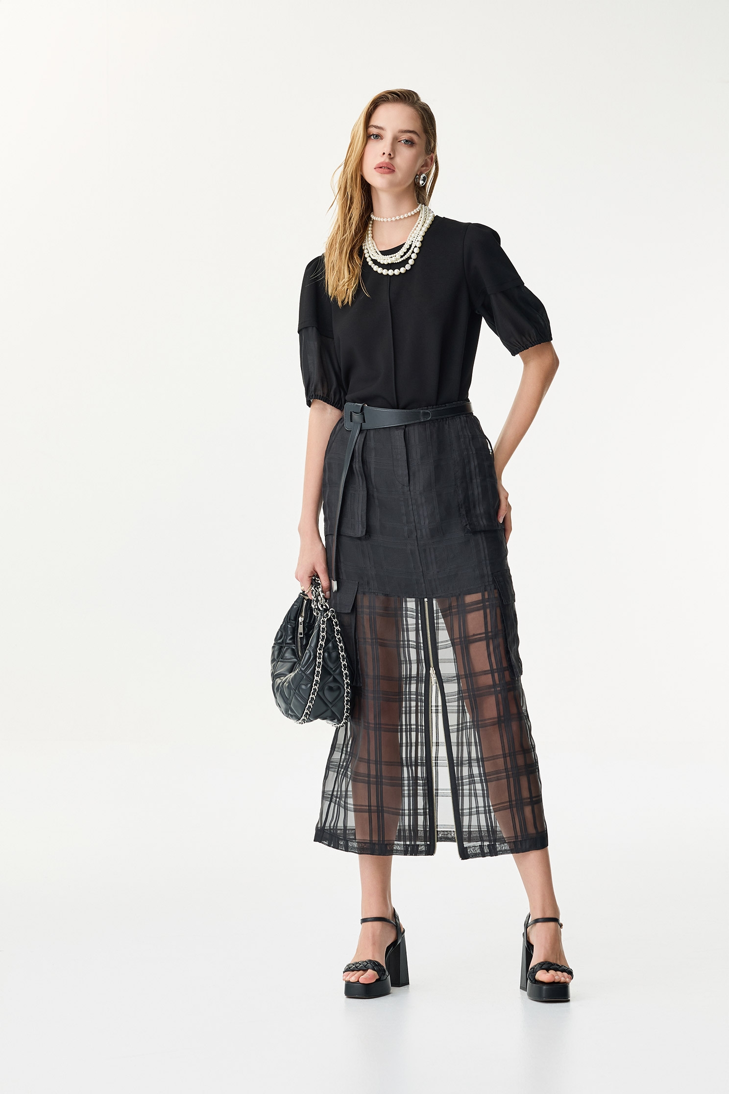 Checkered Organza Midi SkirtCheckered Organza Midi Skirt,Urban Fashion
