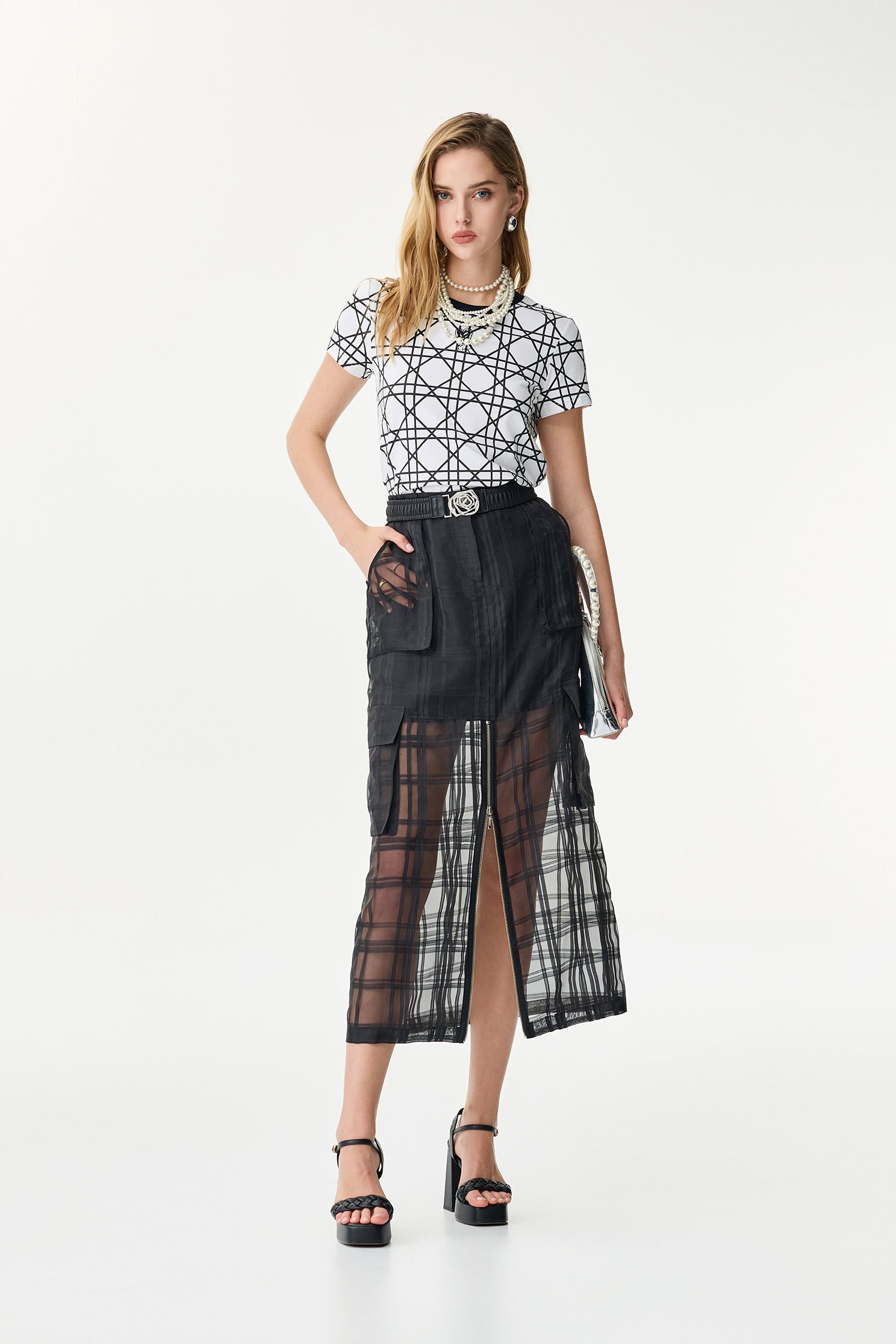 Checkered Organza Midi SkirtCheckered Organza Midi Skirt,Urban Fashion