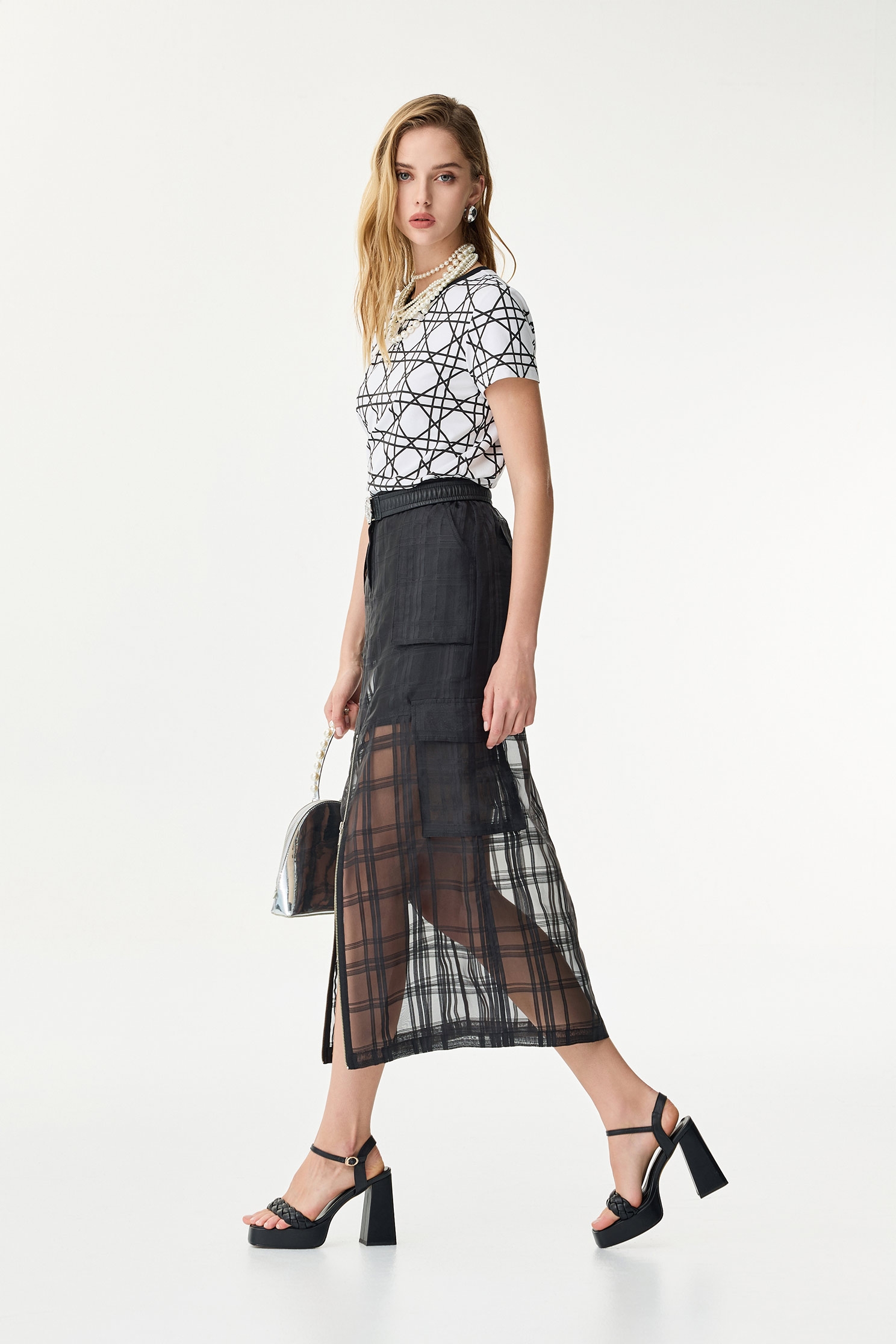 Checkered Organza Midi SkirtCheckered Organza Midi Skirt,Urban Fashion