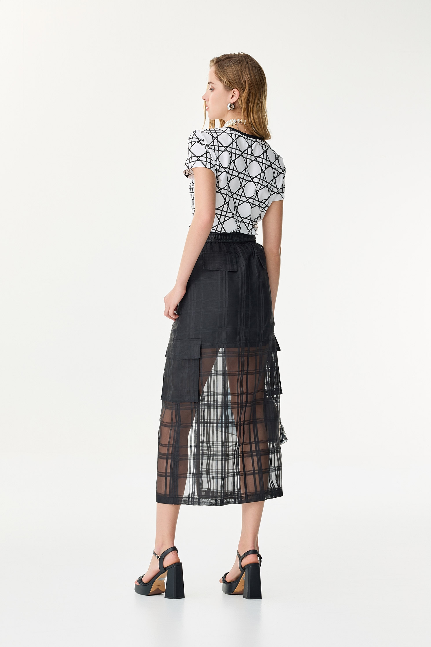 Checkered Organza Midi SkirtCheckered Organza Midi Skirt,Urban Fashion