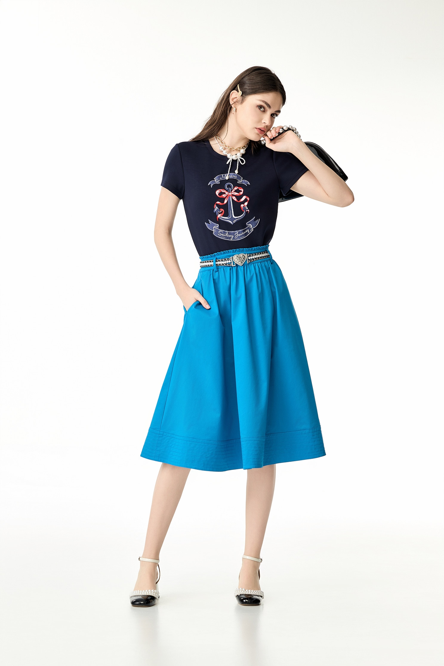 Stitching Detail Blue Midi SkirtStitching Detail Blue Midi Skirt,A-Line skirts,Season (SS) Look,Midi skirts