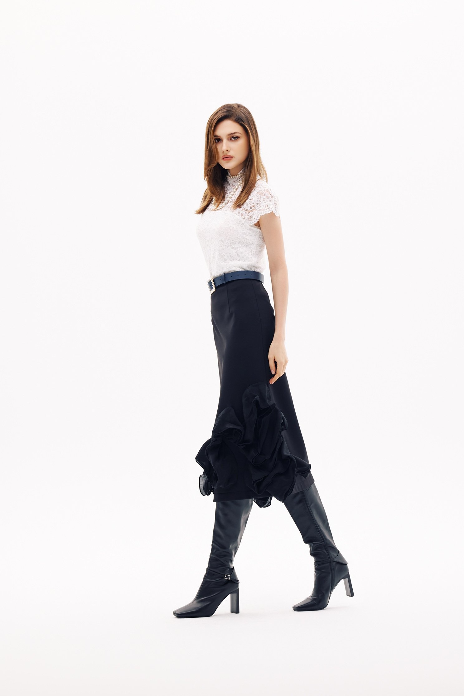 Asymmetric Ruffle Detail SkirtAsymmetric Ruffle Detail Skirt,Office Looks,Season (SS) Look,Midi skirts,Black skirts