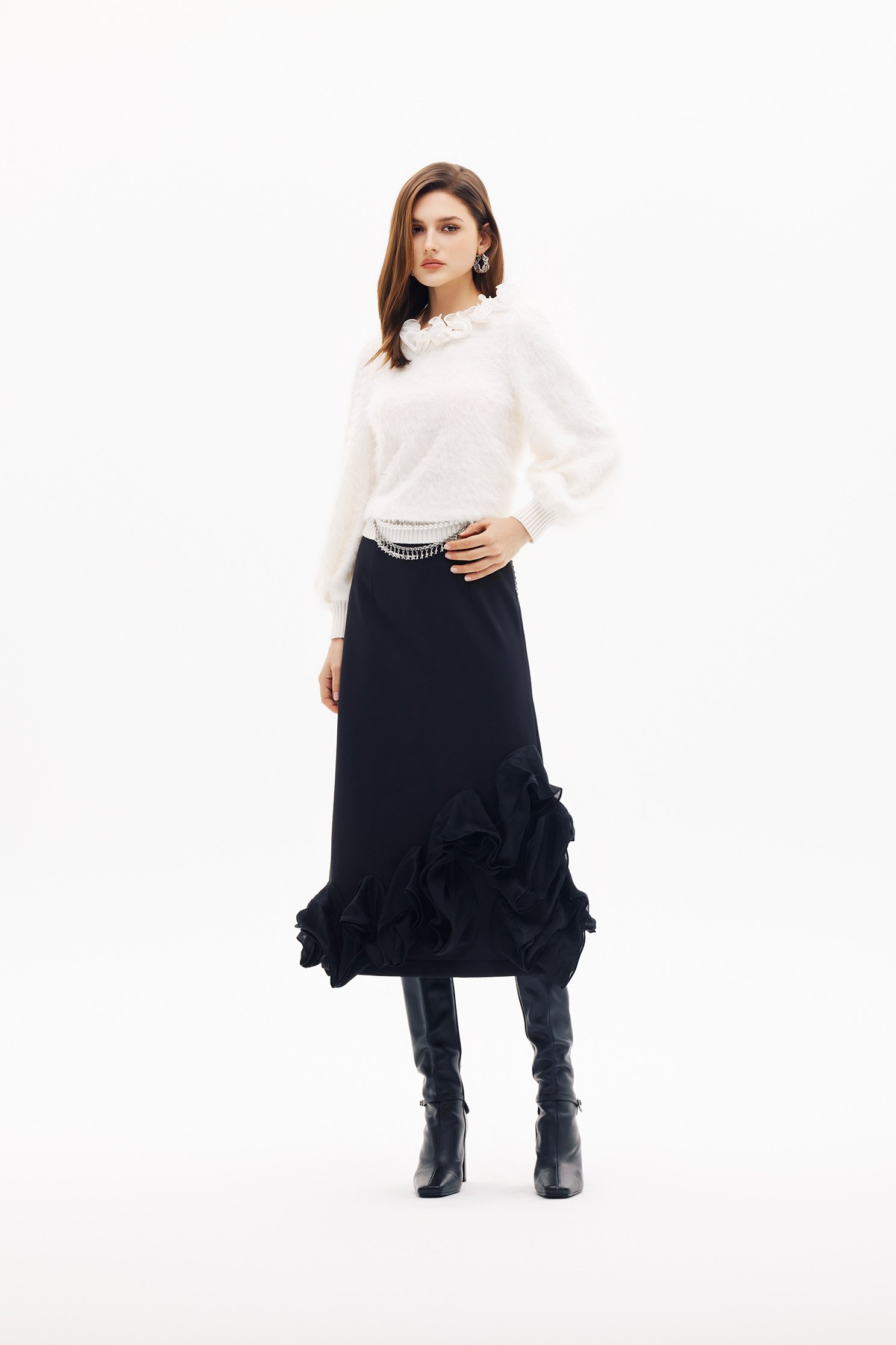 Asymmetric Ruffle Detail SkirtAsymmetric Ruffle Detail Skirt,Office Looks,Season (SS) Look,Midi skirts,Black skirts