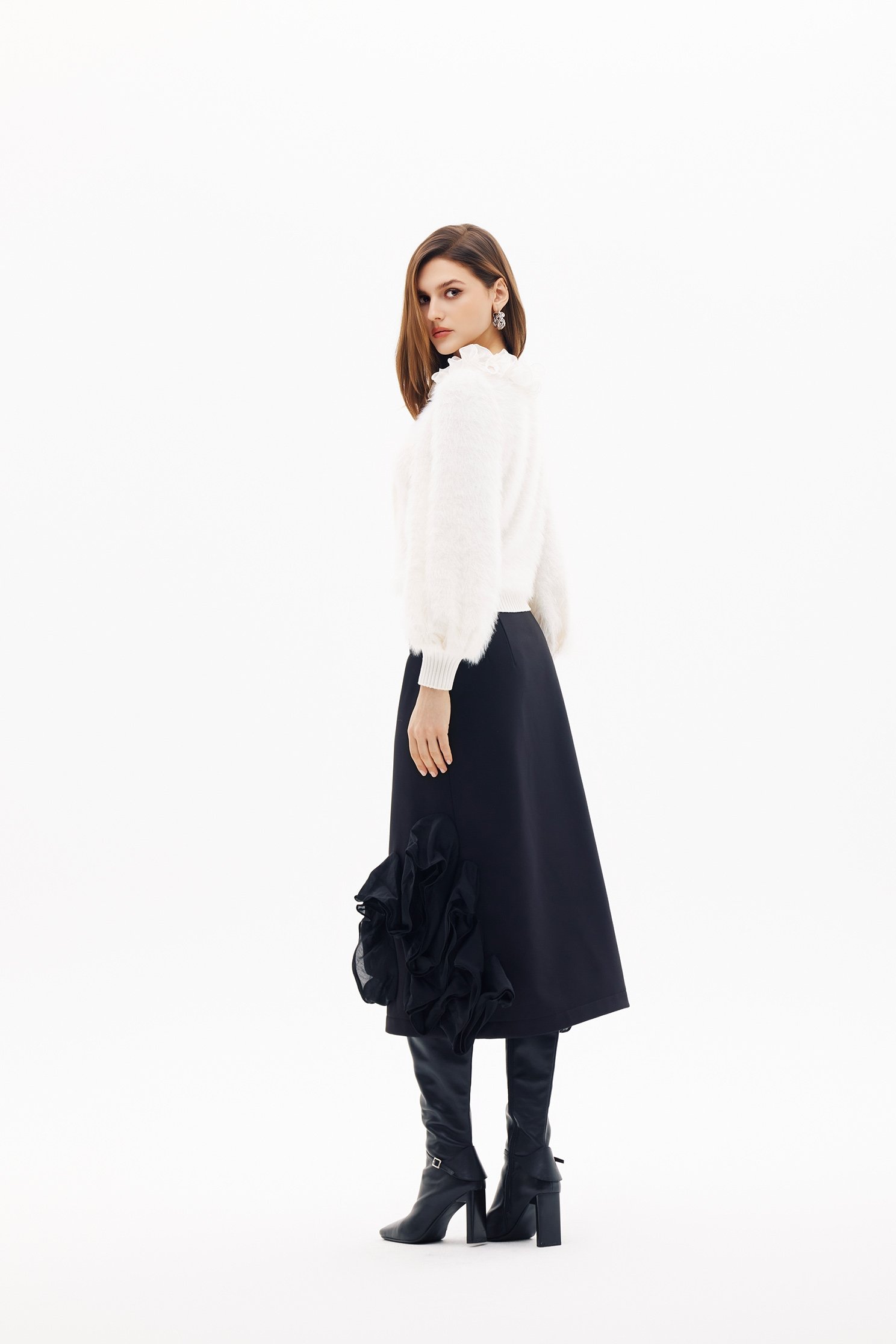 Asymmetric Ruffle Detail SkirtAsymmetric Ruffle Detail Skirt,Office Looks,Season (SS) Look,Midi skirts,Black skirts