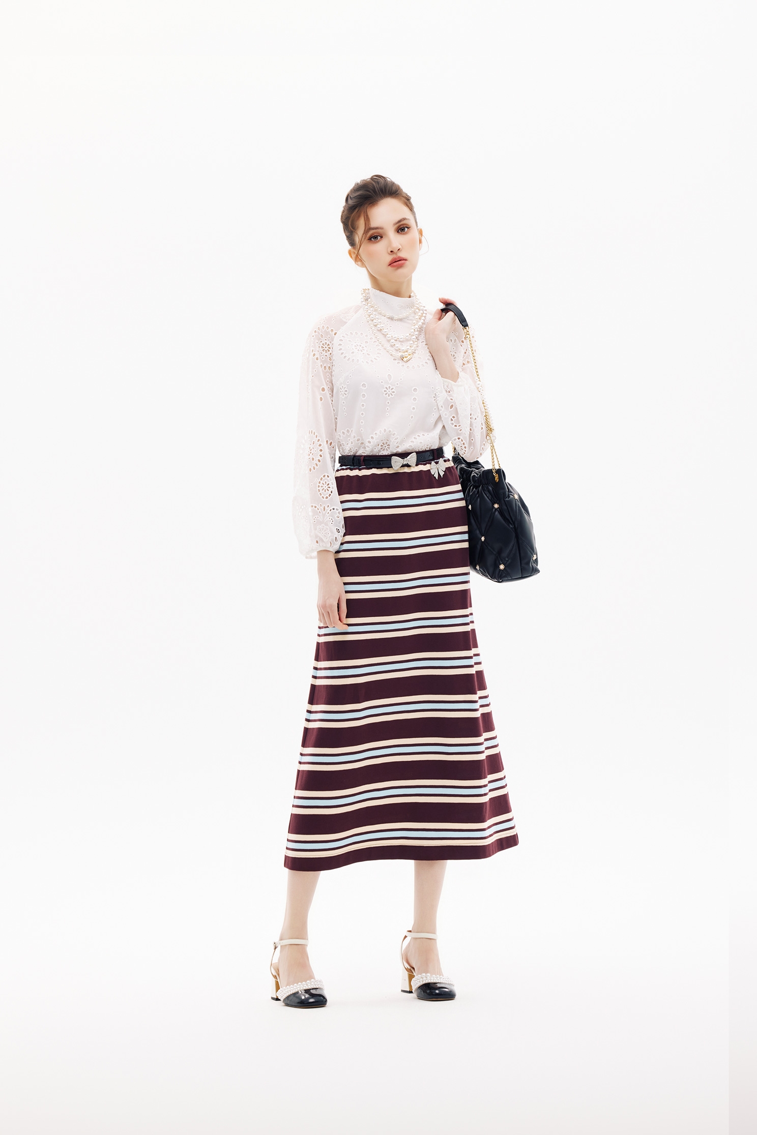 Mahogany Stripe Maxi SkirtMahogany Stripe Maxi Skirt,Season (SS) Look,Stripe,Cotton,bows,Midi skirts