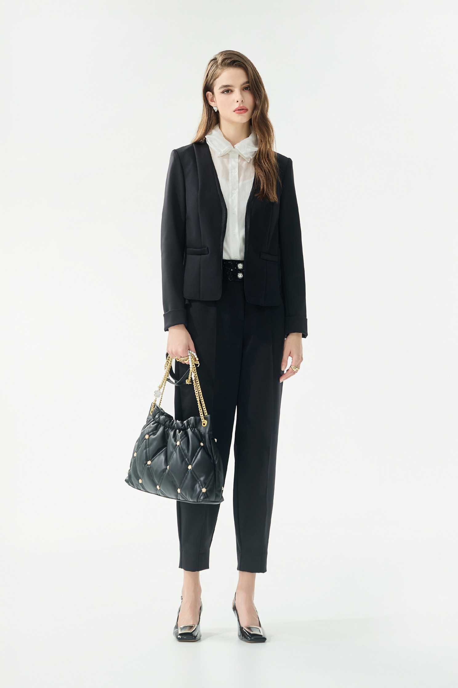 Sequin Waistband Cuffed PantsSequin Waistband Cuffed Pants,Season (SS) Look,pearl,pants,Black pants