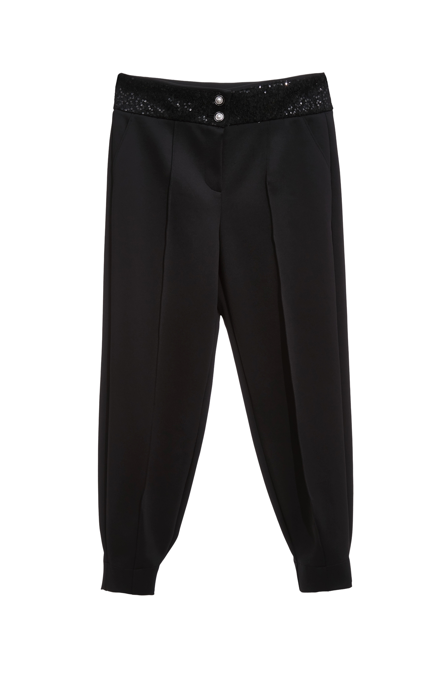 Sequin Waistband Cuffed PantsSequin Waistband Cuffed Pants,Season (SS) Look,pearl,pants,Black pants