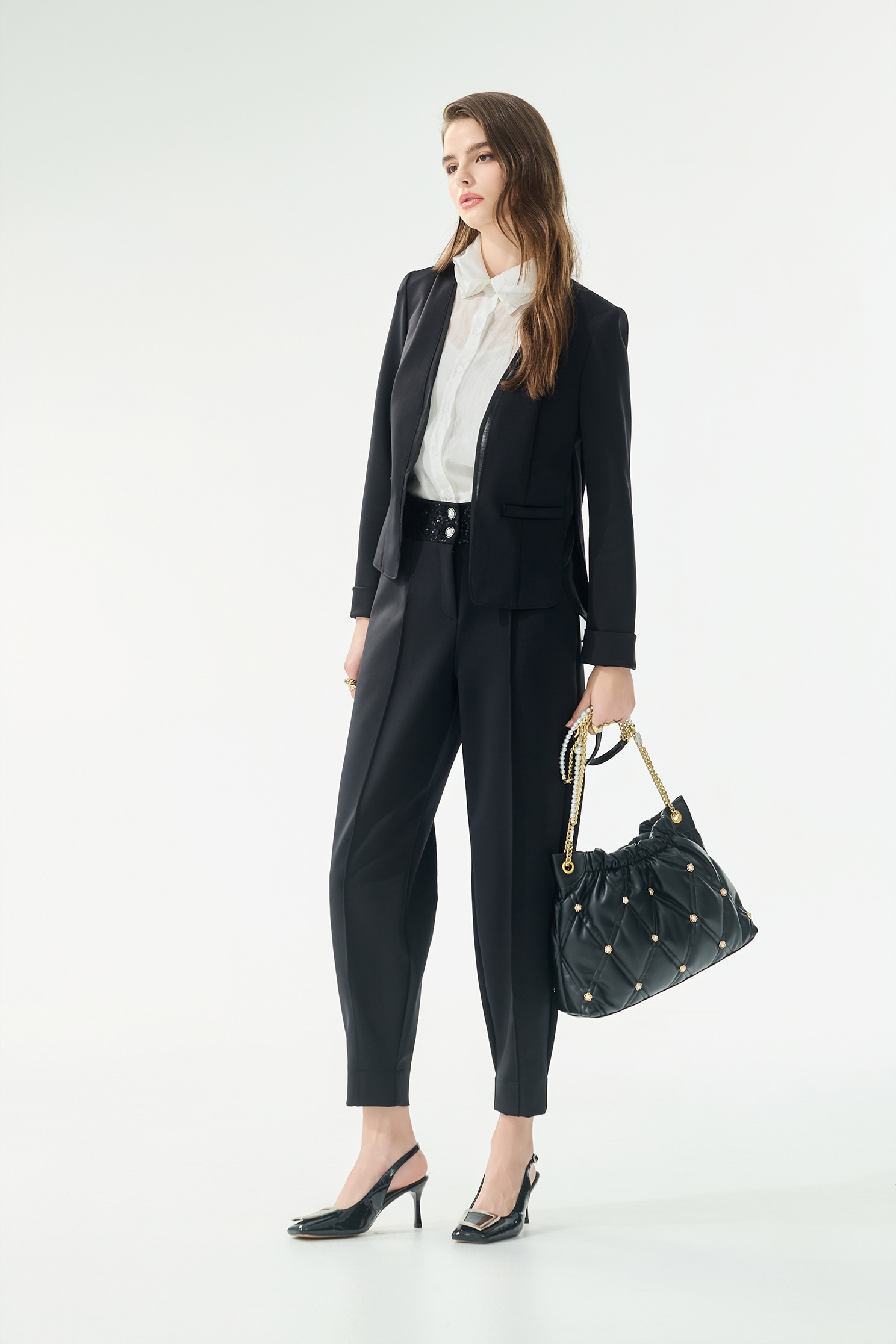 Sequin Waistband Cuffed PantsSequin Waistband Cuffed Pants,Season (SS) Look,pearl,pants,Black pants