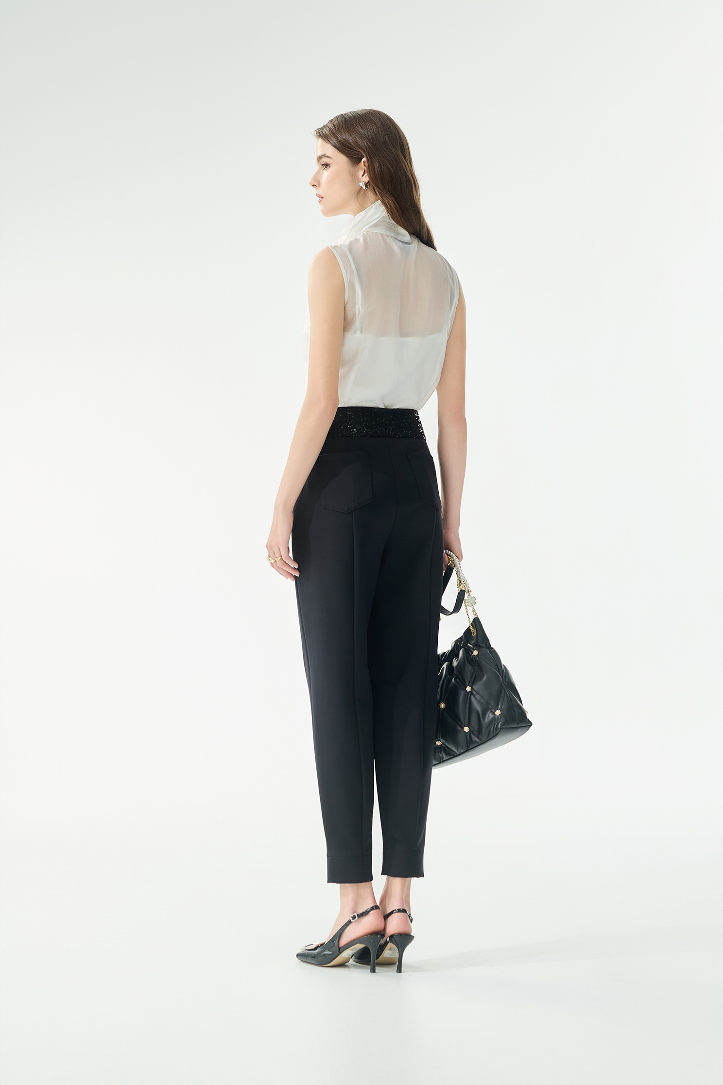 Sequin Waistband Cuffed PantsSequin Waistband Cuffed Pants,Season (SS) Look,pearl,pants,Black pants