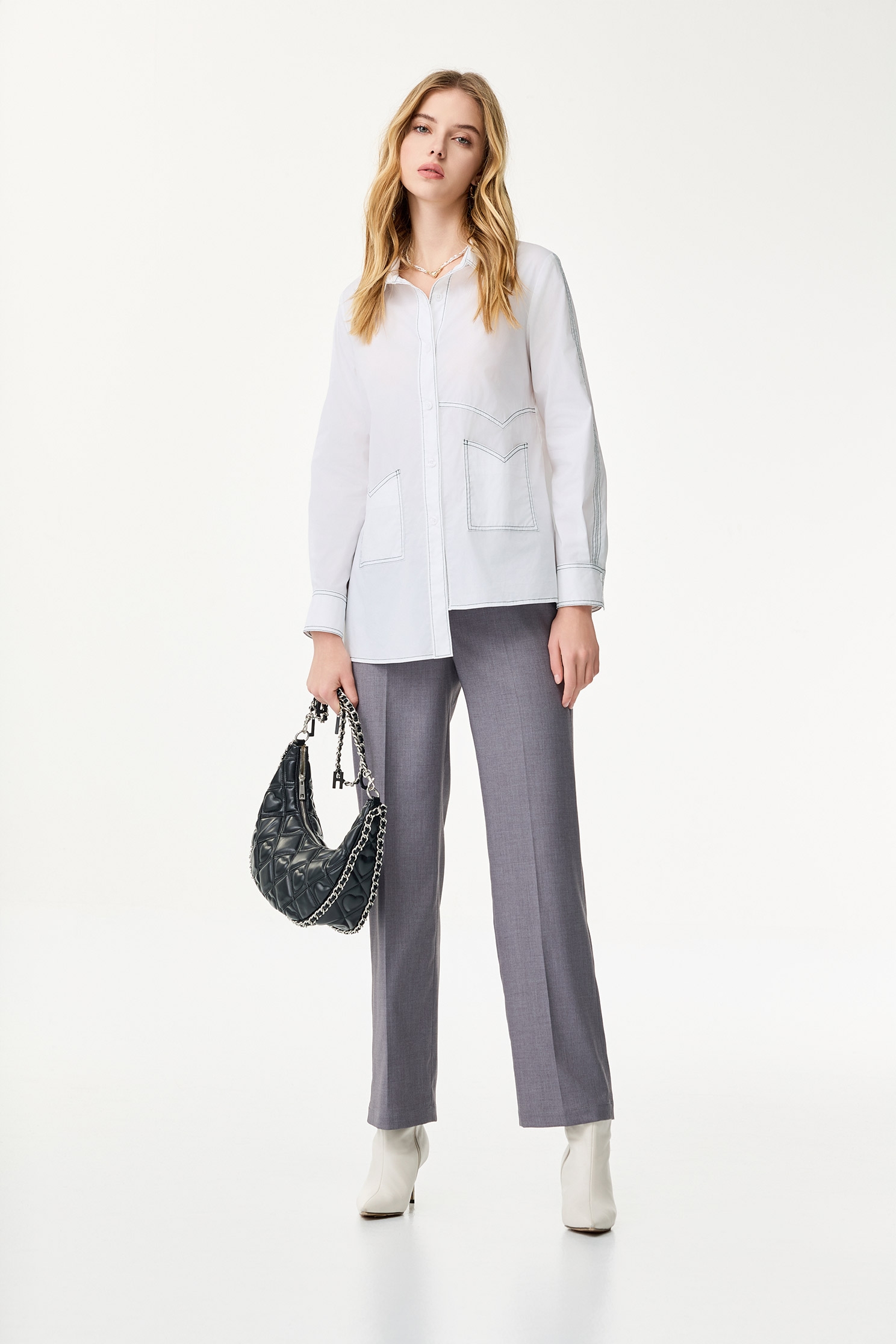 Contrast Waistband Grey PantsContrast Waistband Grey Pants,Office Looks,Season (SS) Look,Blouses,Tailored pants,Urban Fashion,Pants