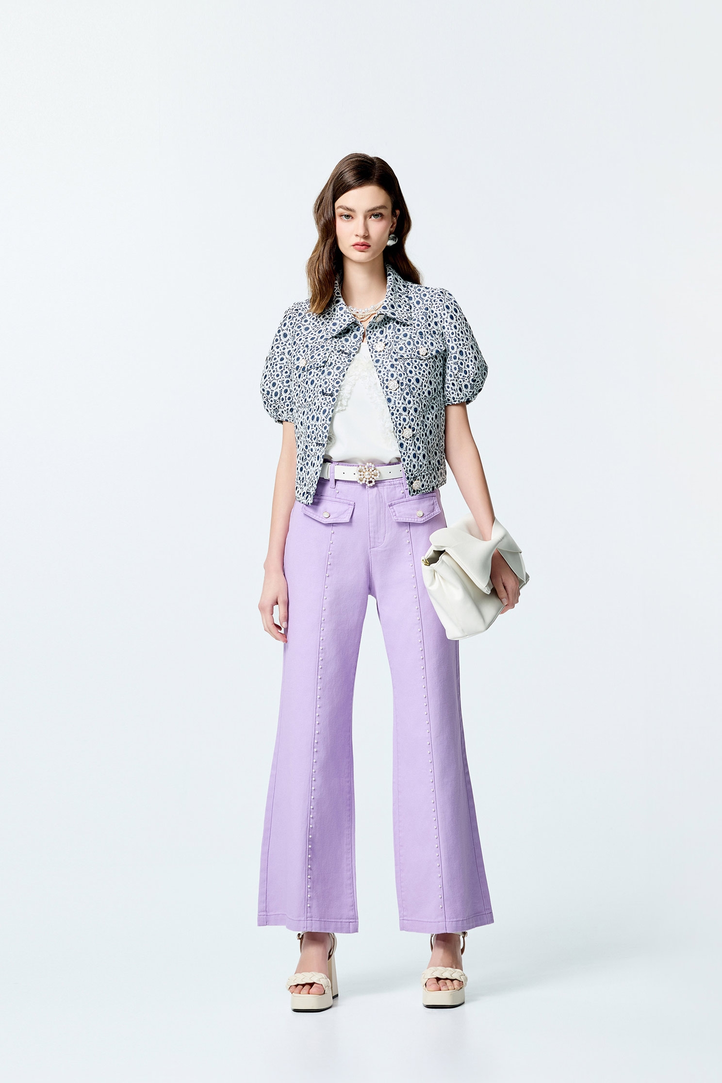 Pearl Detail Purple JeansPearl Detail Purple Jeans,Office Looks,Denim,Bell-bottoms,Season (SS) Look,Denim,Jeans,pearl,Cotton,Bell-bottoms