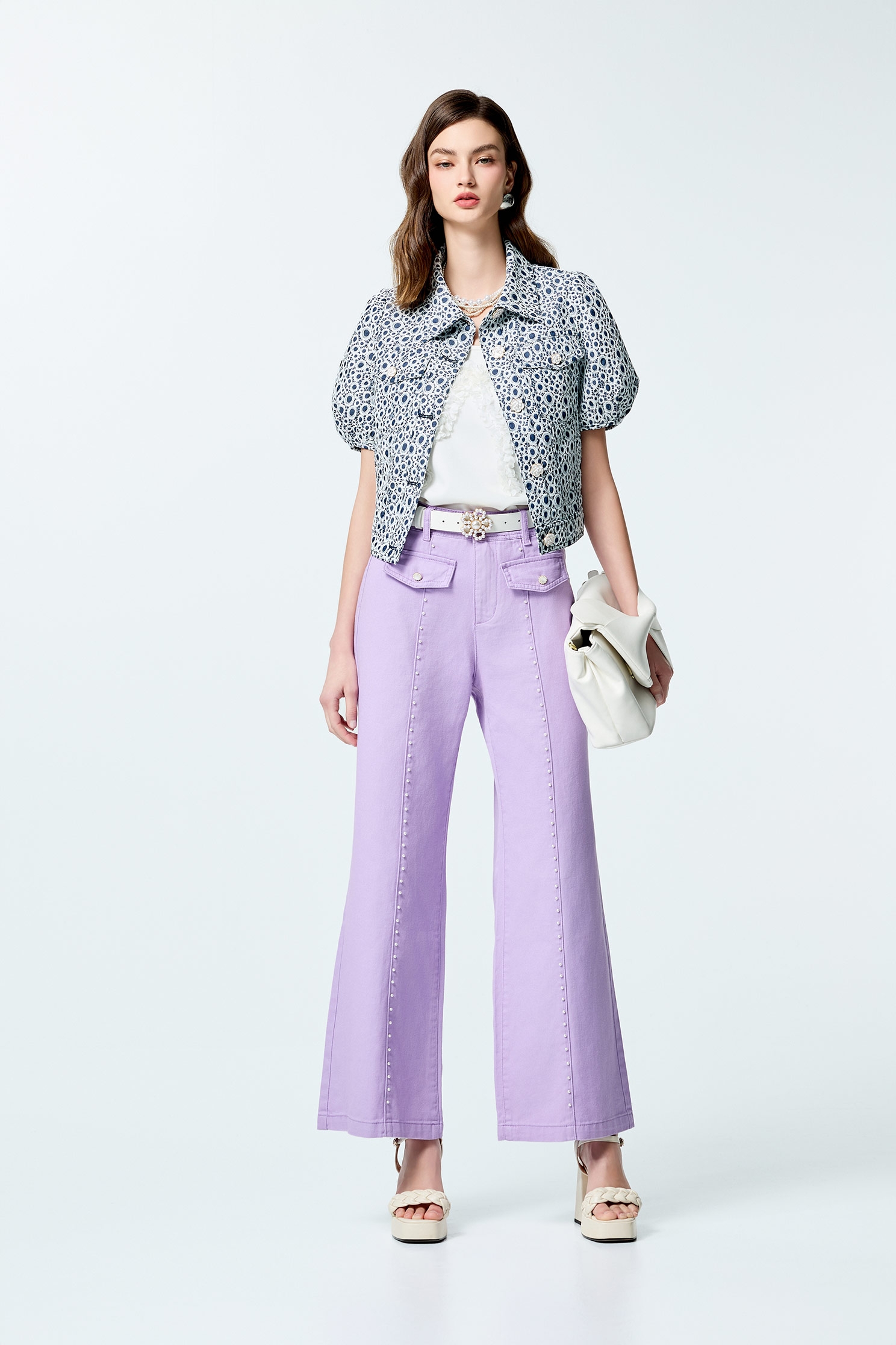Pearl Detail Purple JeansPearl Detail Purple Jeans,Office Looks,Denim,Bell-bottoms,Season (SS) Look,Denim,Jeans,pearl,Cotton,Bell-bottoms