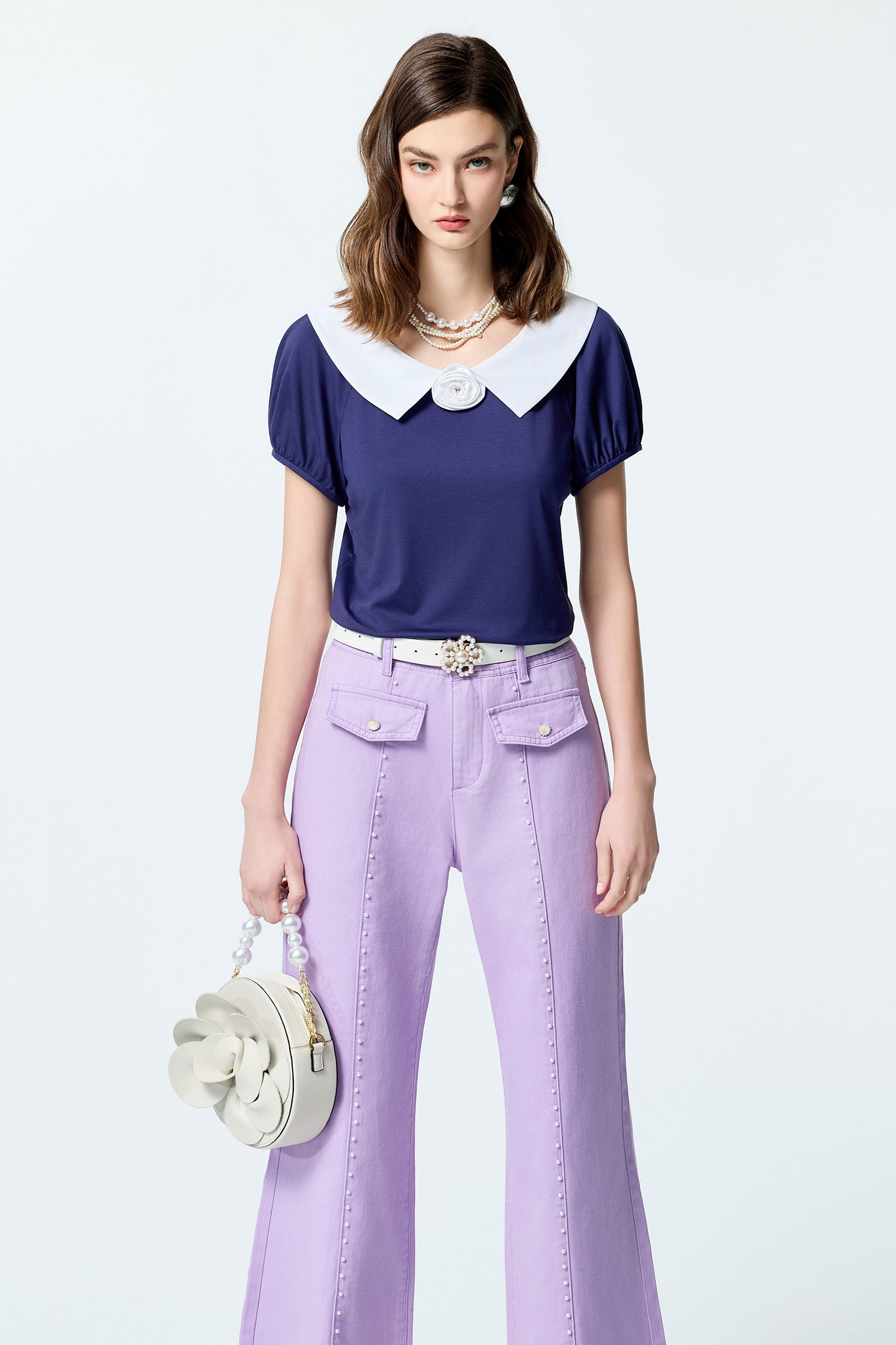 Pearl Detail Purple JeansPearl Detail Purple Jeans,Office Looks,Denim,Bell-bottoms,Season (SS) Look,Denim,Jeans,pearl,Cotton,Bell-bottoms