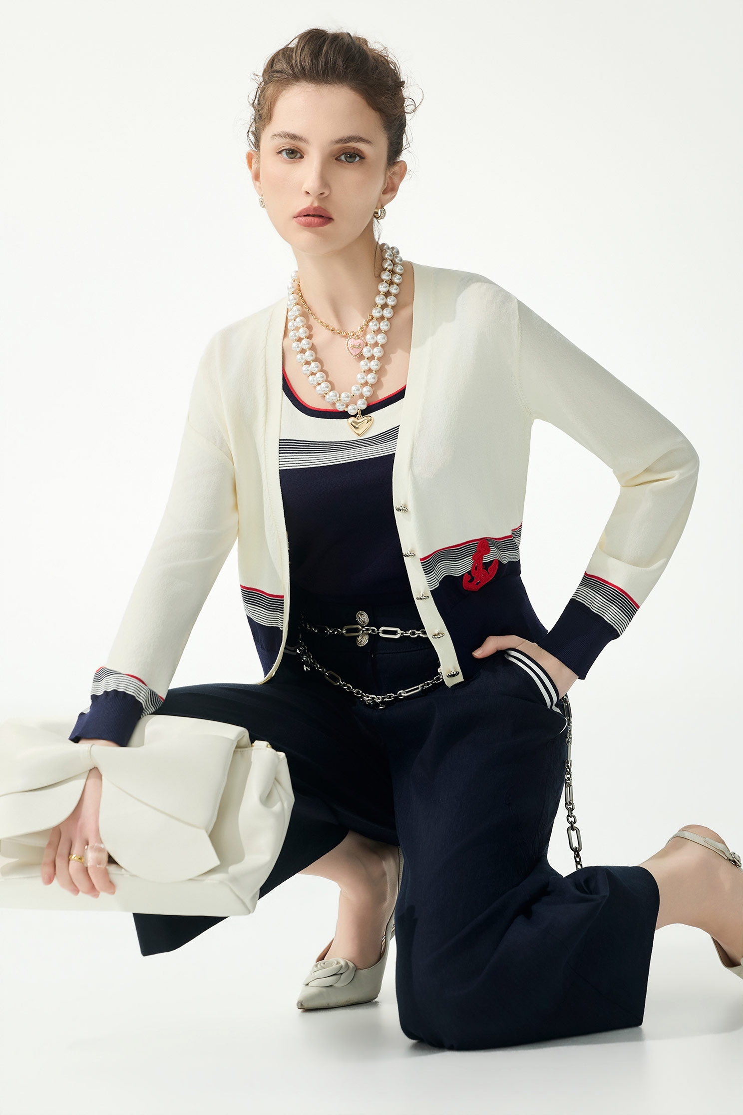 White Pocket Stripe Navy PantsWhite Pocket Stripe Navy Pants,Embroidered,Culottes,Season (SS) Look,pants