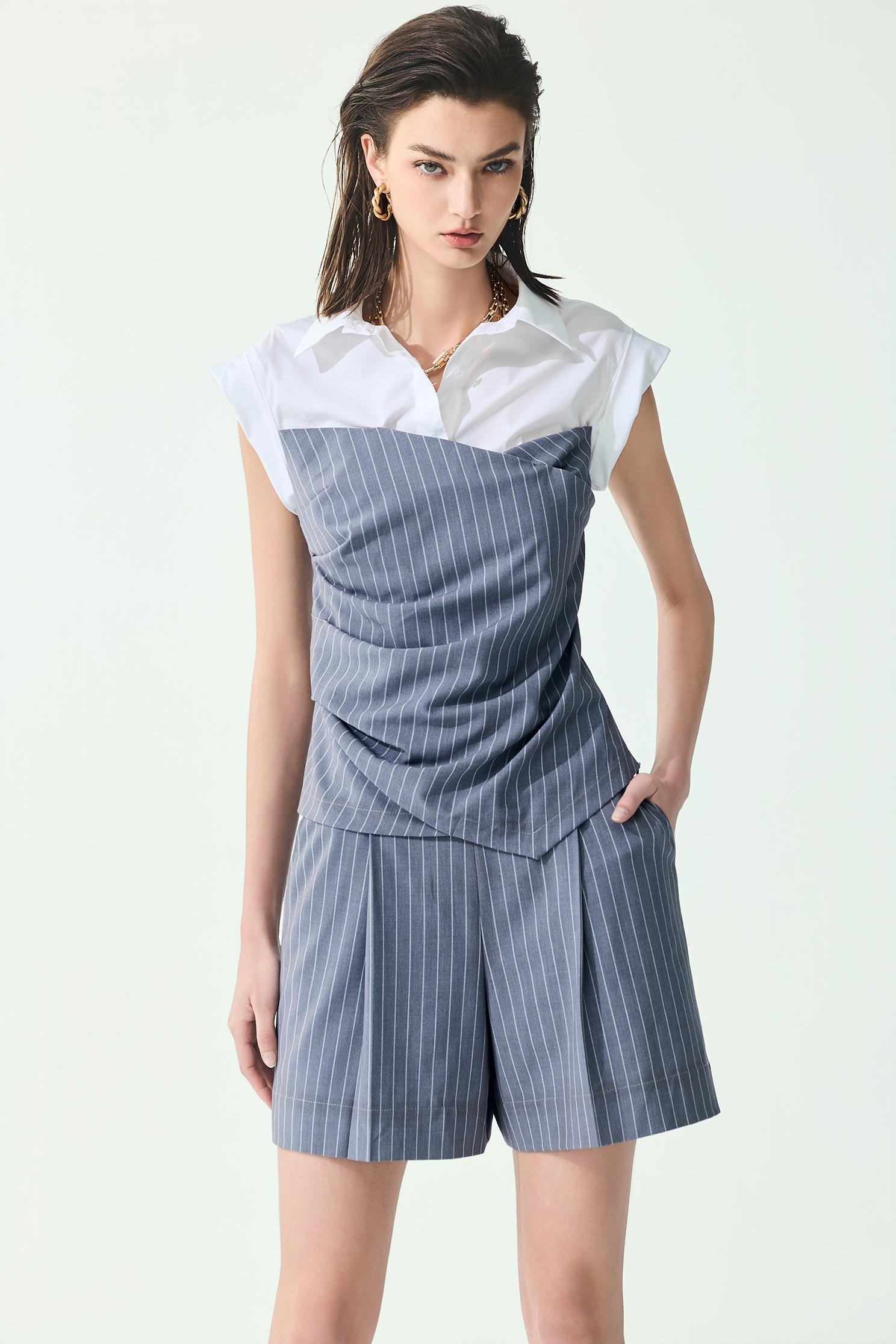 Pinstripe Pleated ShortsPinstripe Pleated Shorts,Season (SS) Look,Stripe,Shorts,pants