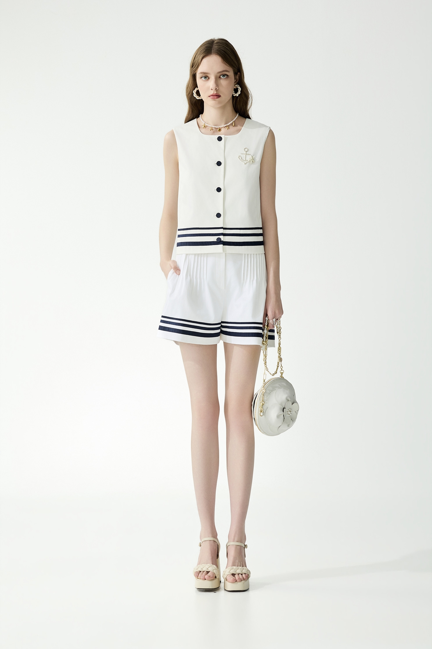 Pleated Detail Navy Stripe ShortsPleated Detail Navy Stripe Shorts,Season (SS) Look,White pants,Shorts,pants