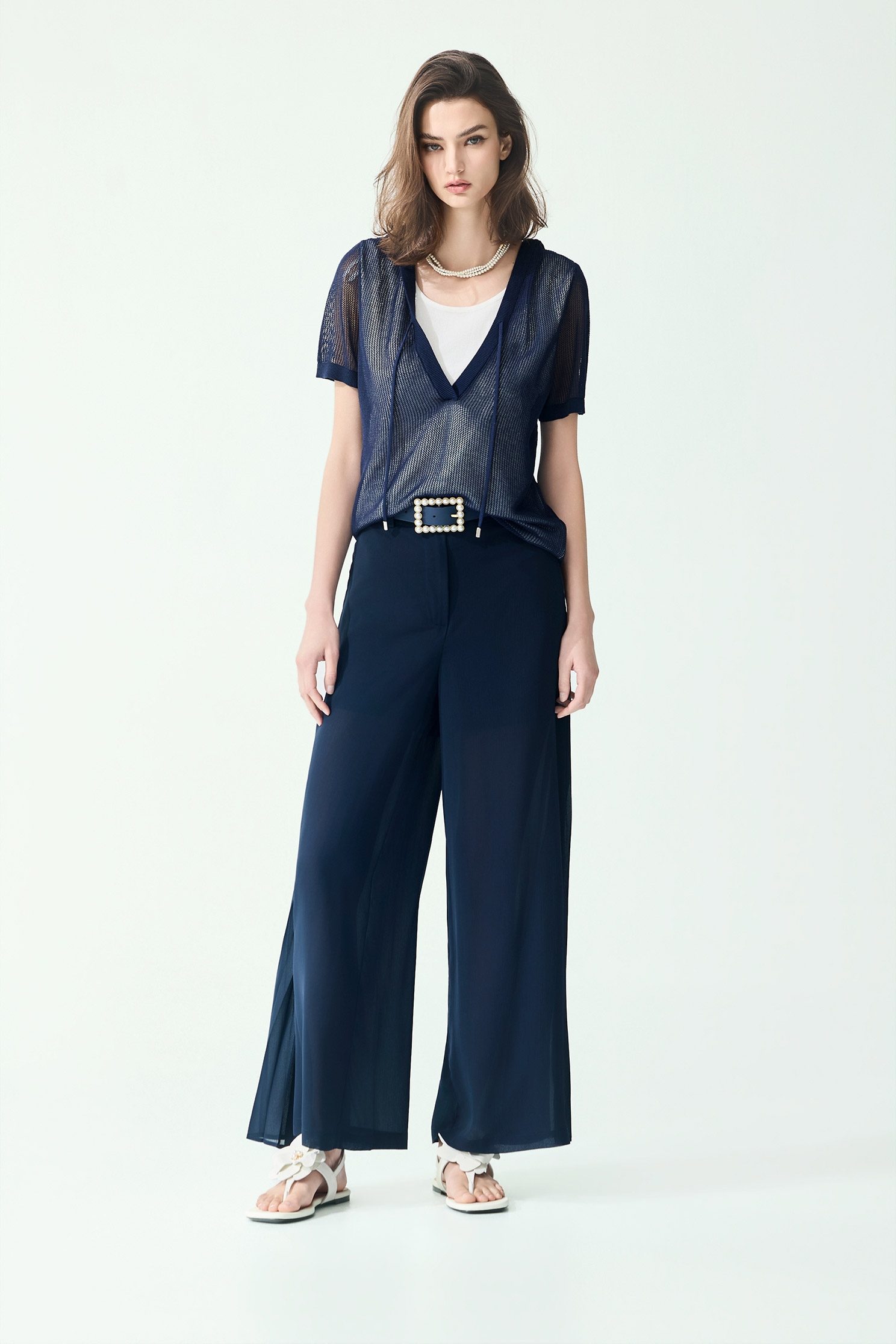 Side Pleated Detail Navy PantsSide Pleated Detail Navy Pants,Season (SS) Look,pants,Skorts,Chiffon