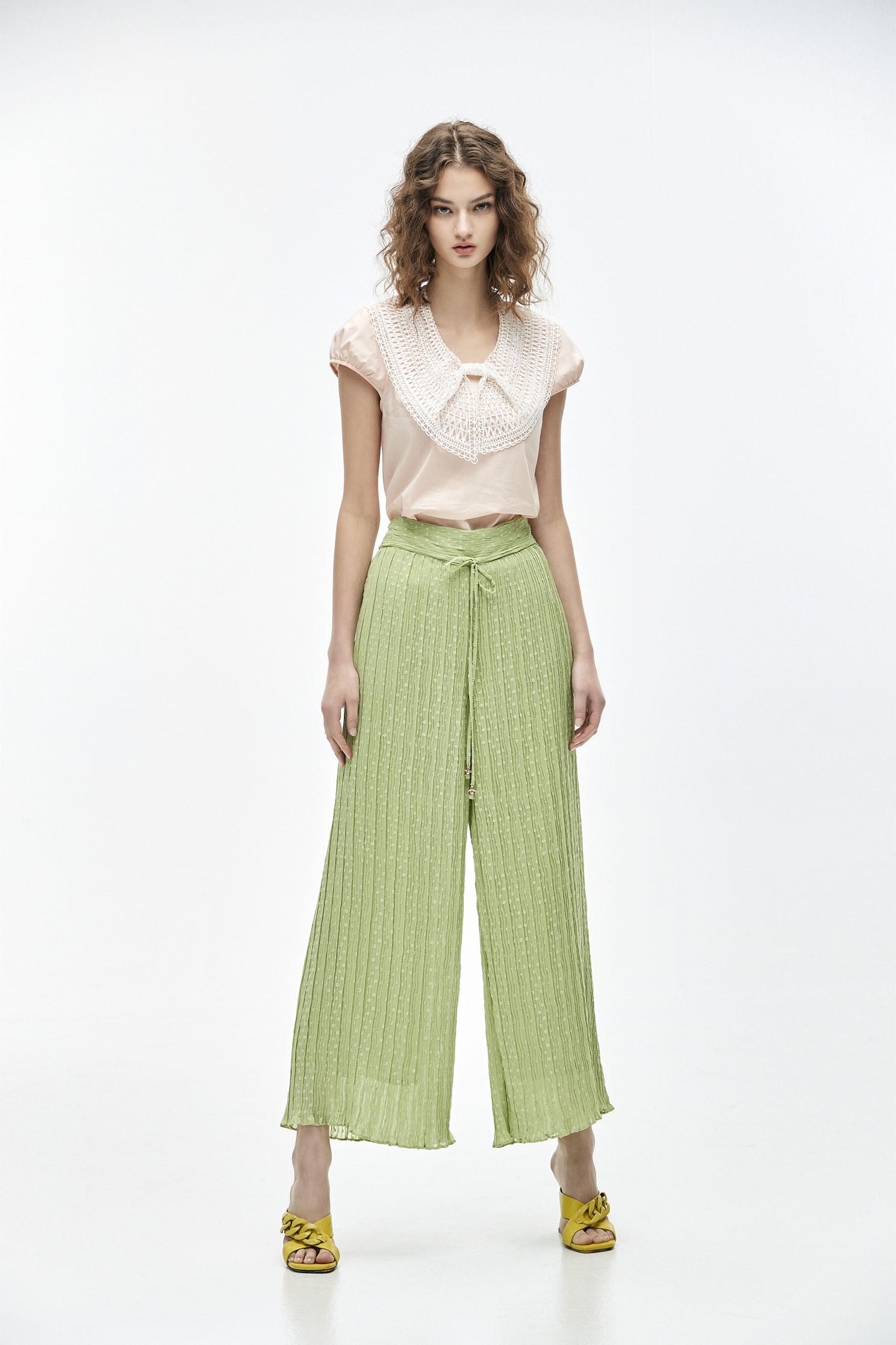 Wide-Leg Casual Green PantsSporty waistband pleated pants,Queen,Culottes,Season (SS) Look,healing colors,Culottes