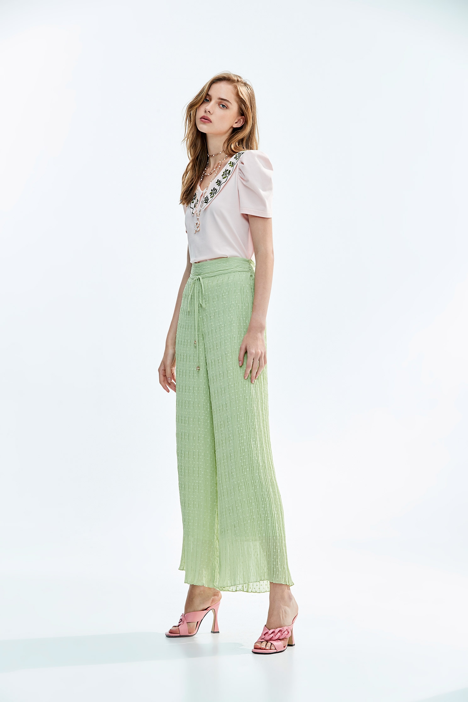 Wide-Leg Casual Green PantsSporty waistband pleated pants,Queen,Culottes,Season (SS) Look,healing colors,Culottes