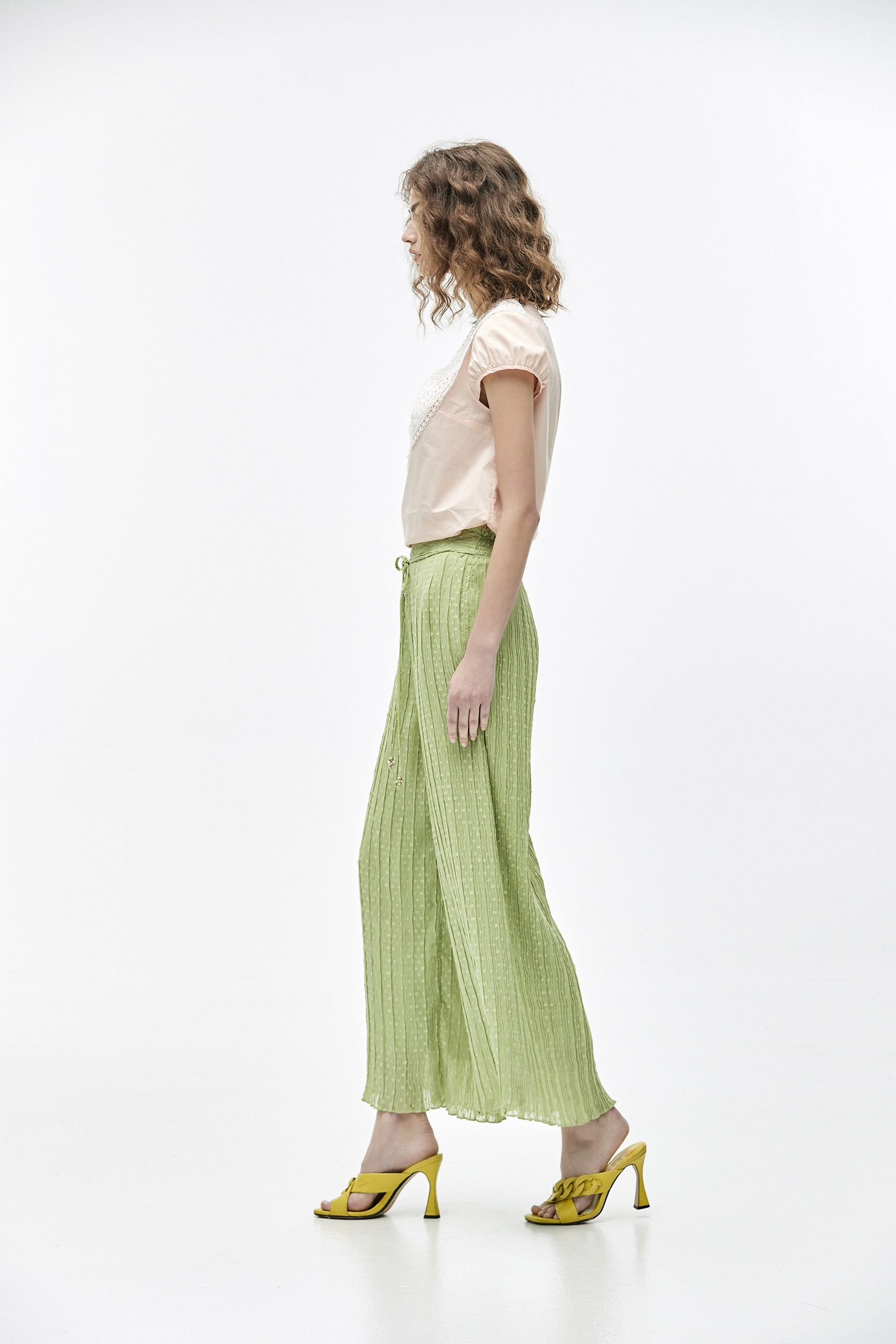 Wide-Leg Casual Green PantsSporty waistband pleated pants,Queen,Culottes,Season (SS) Look,healing colors,Culottes