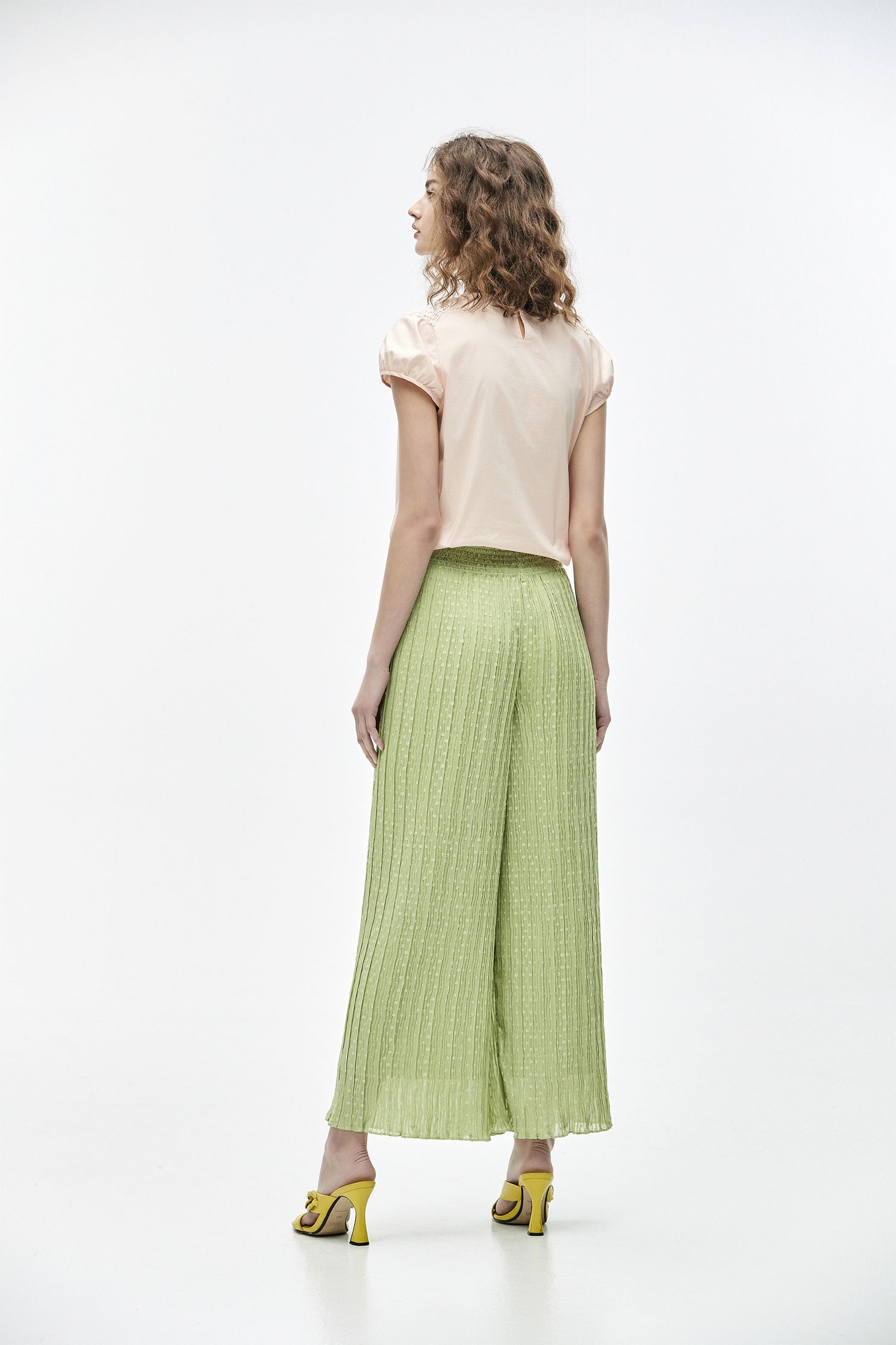 Wide-Leg Casual Green PantsSporty waistband pleated pants,Queen,Culottes,Season (SS) Look,healing colors,Culottes