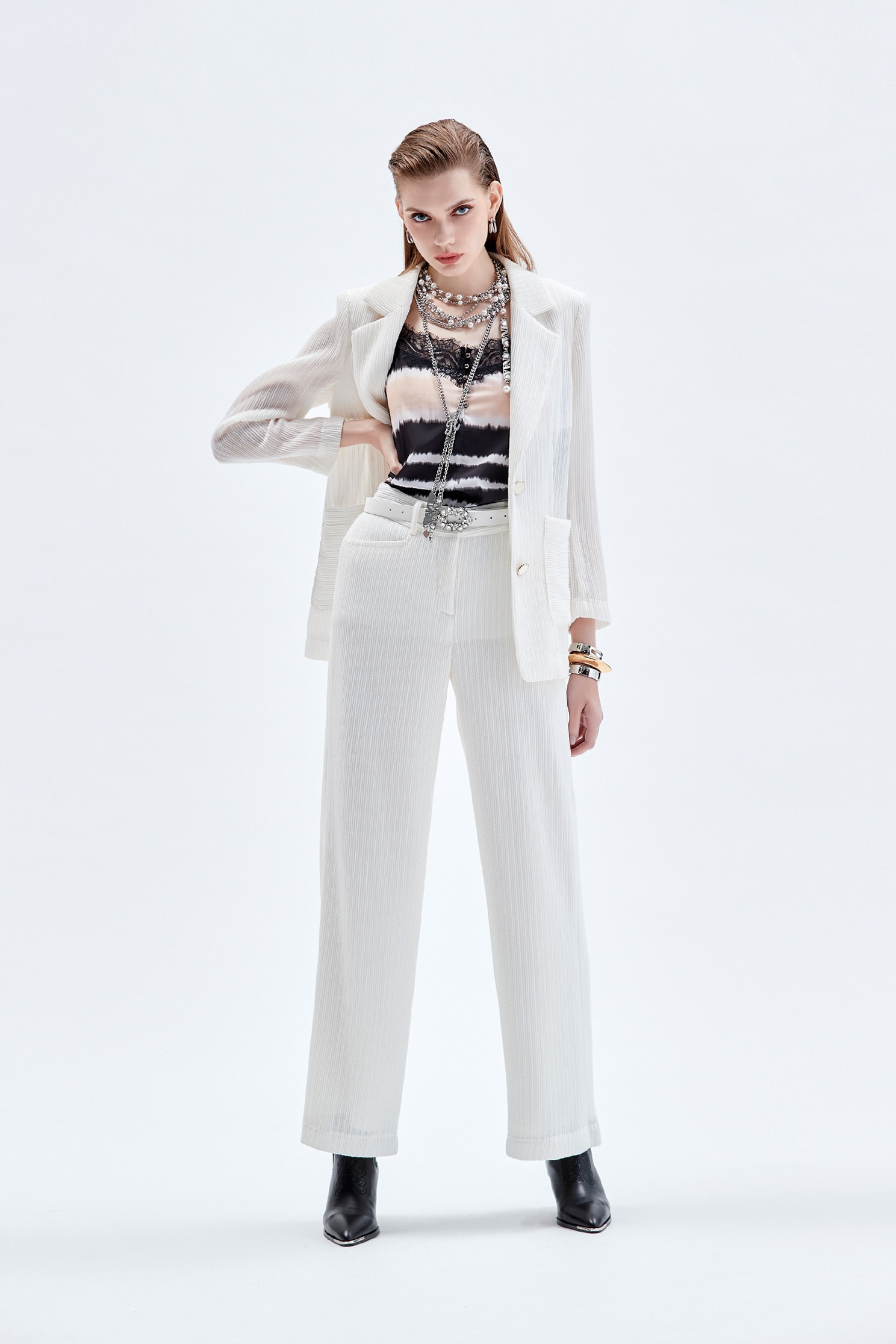 Wide Leg White Pants奶白色彈性坑條直筒寬褲,Culottes,Culottes