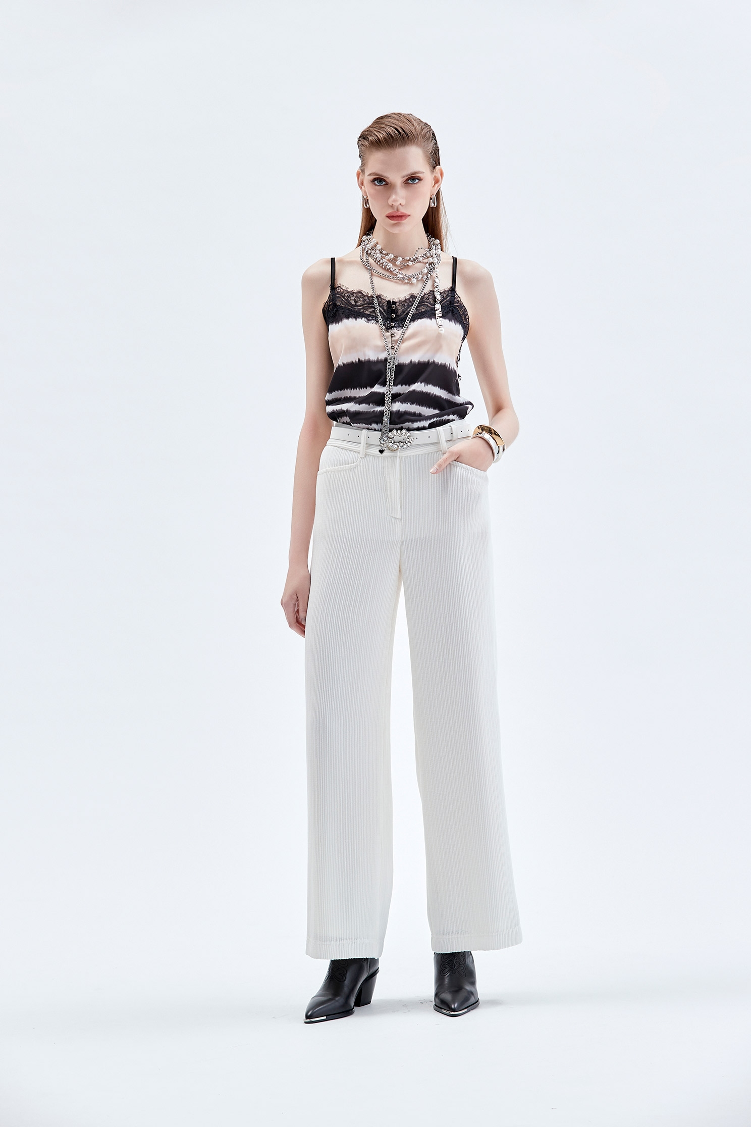 Wide Leg White Pants奶白色彈性坑條直筒寬褲,Culottes,Culottes