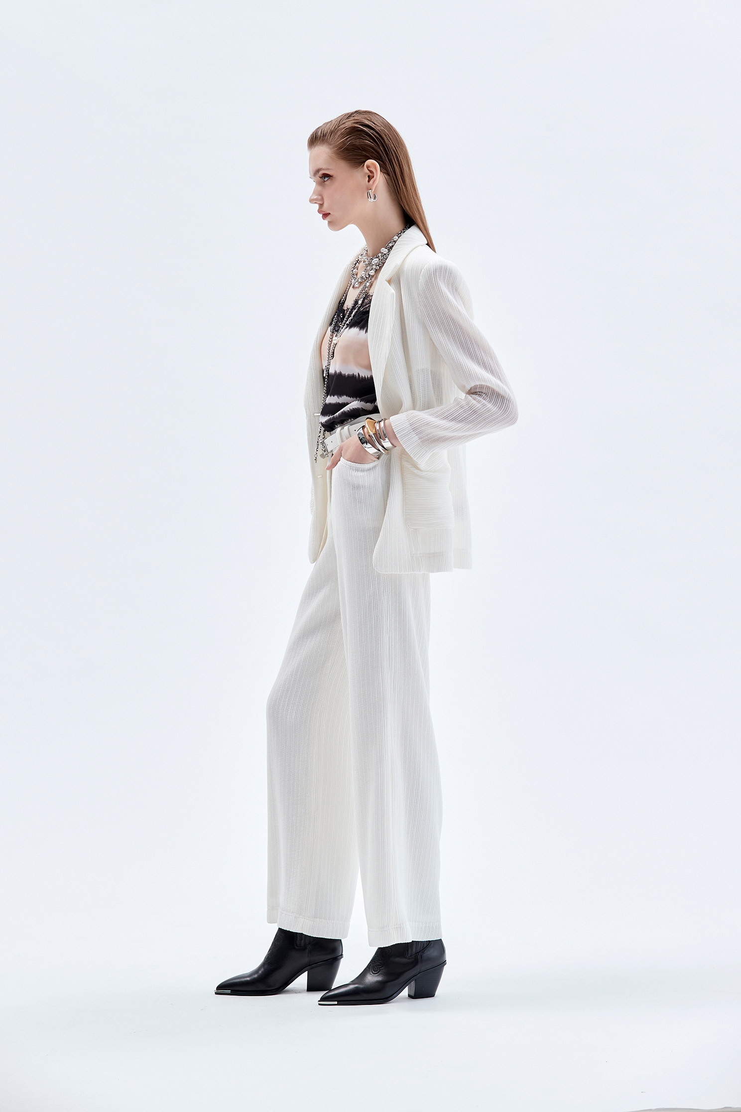 Wide Leg White Pants奶白色彈性坑條直筒寬褲,Culottes,Culottes