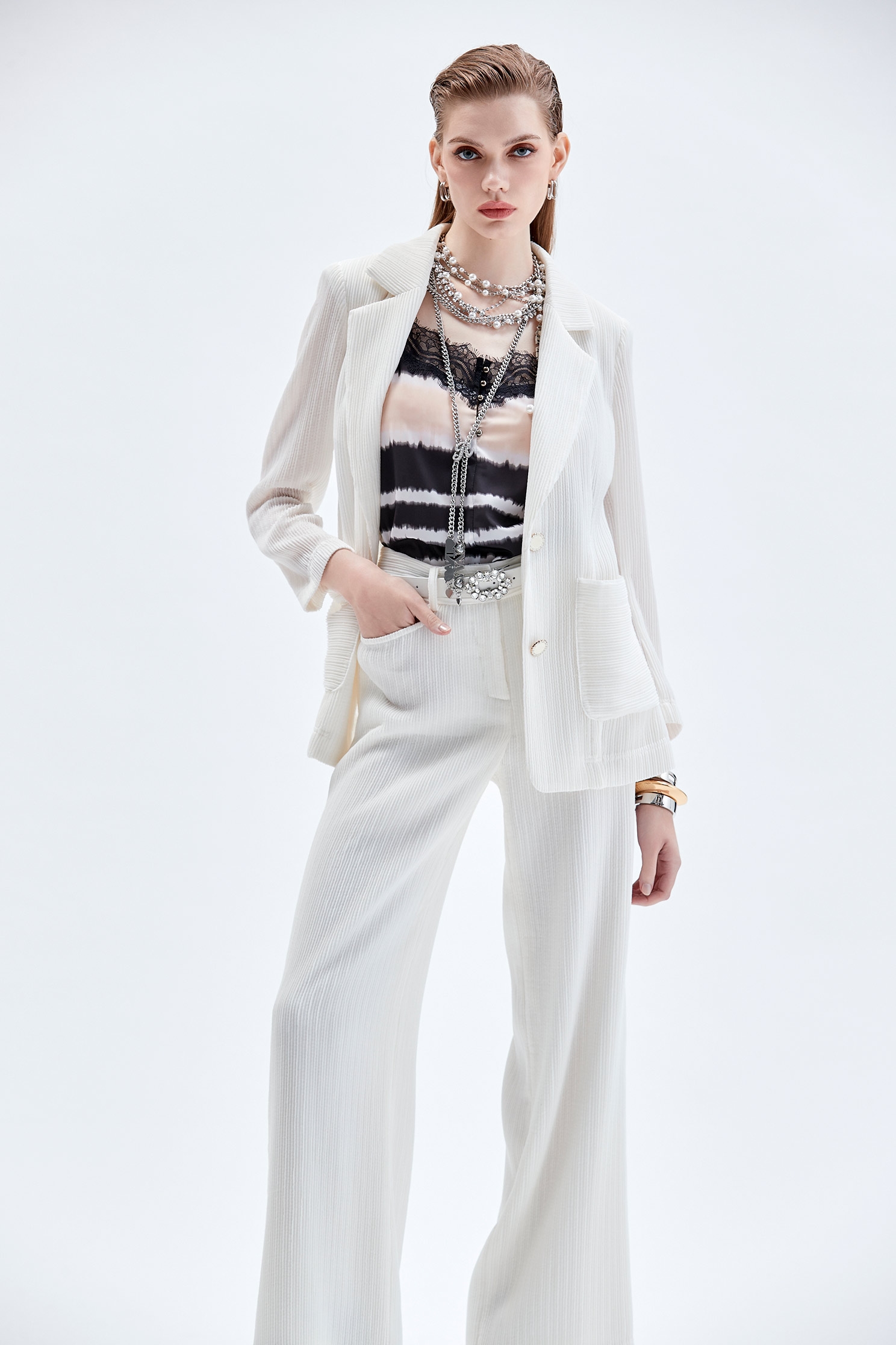 Wide Leg White Pants奶白色彈性坑條直筒寬褲,Culottes,Culottes