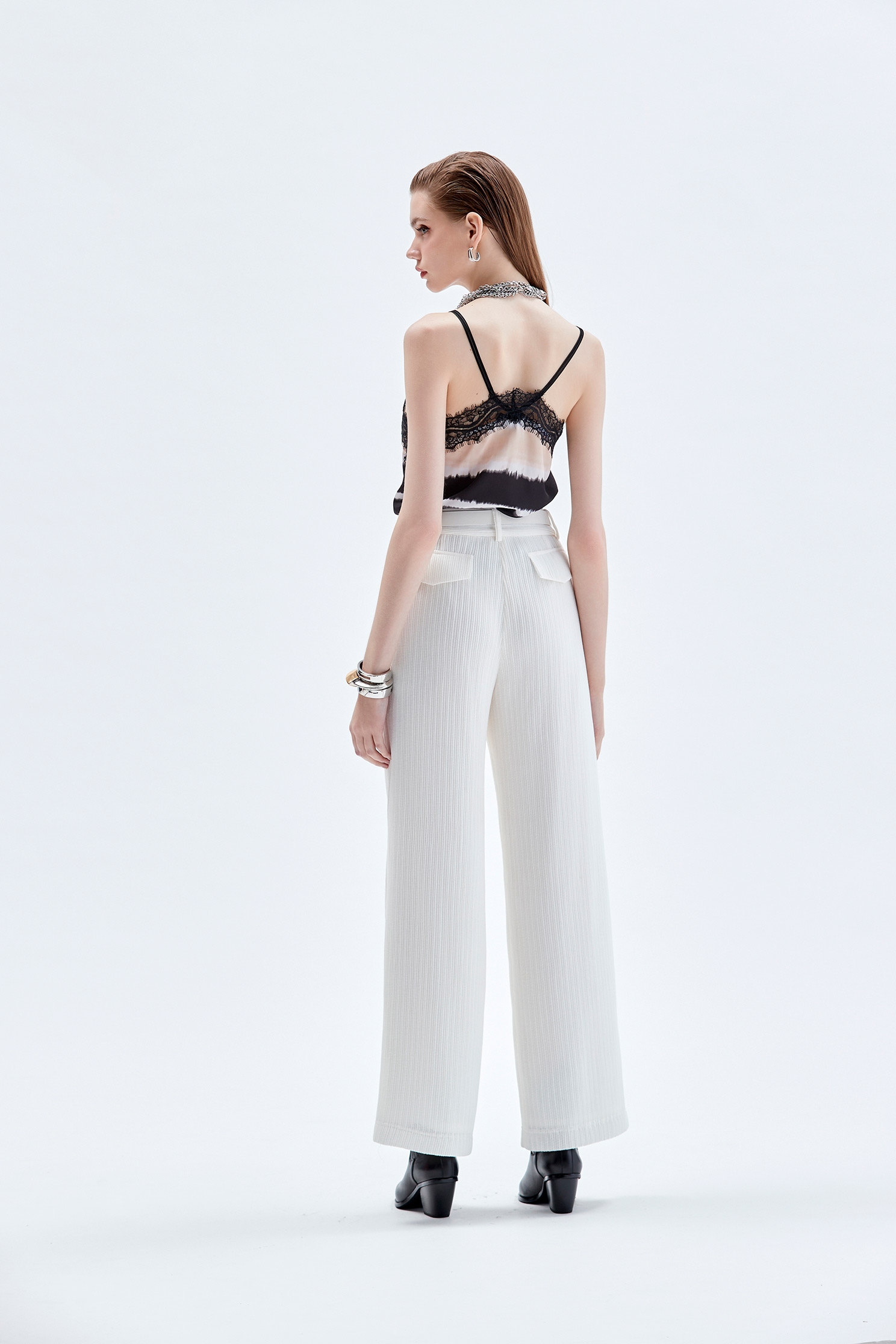 Wide Leg White Pants奶白色彈性坑條直筒寬褲,Culottes,Culottes