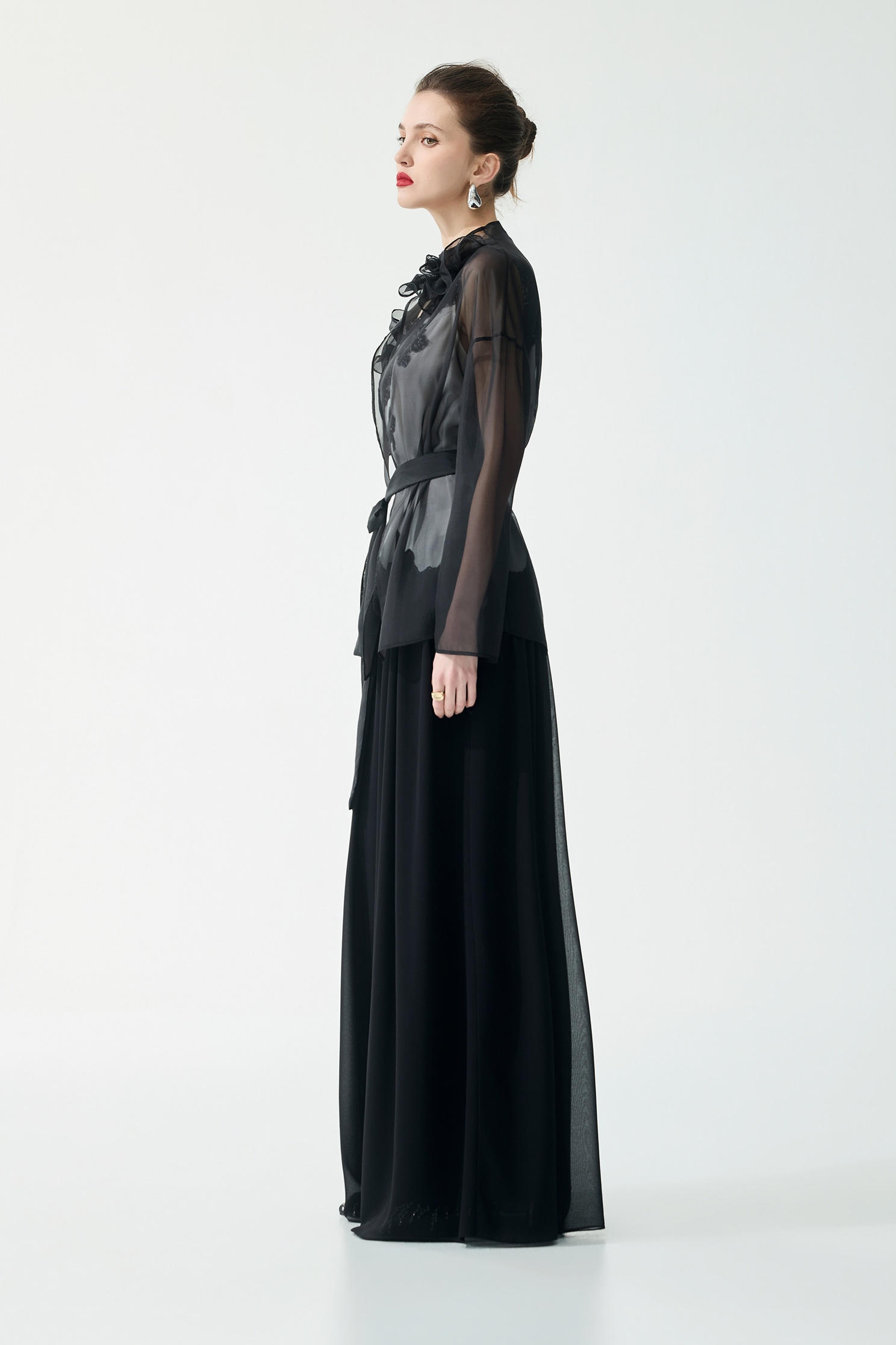 Slanted Yoke Cut Pleated Wide Leg PantsSlanted Yoke Cut Pleated Wide Leg Pants,Culottes,Season (SS) Look,pants,Chiffon,Black pants