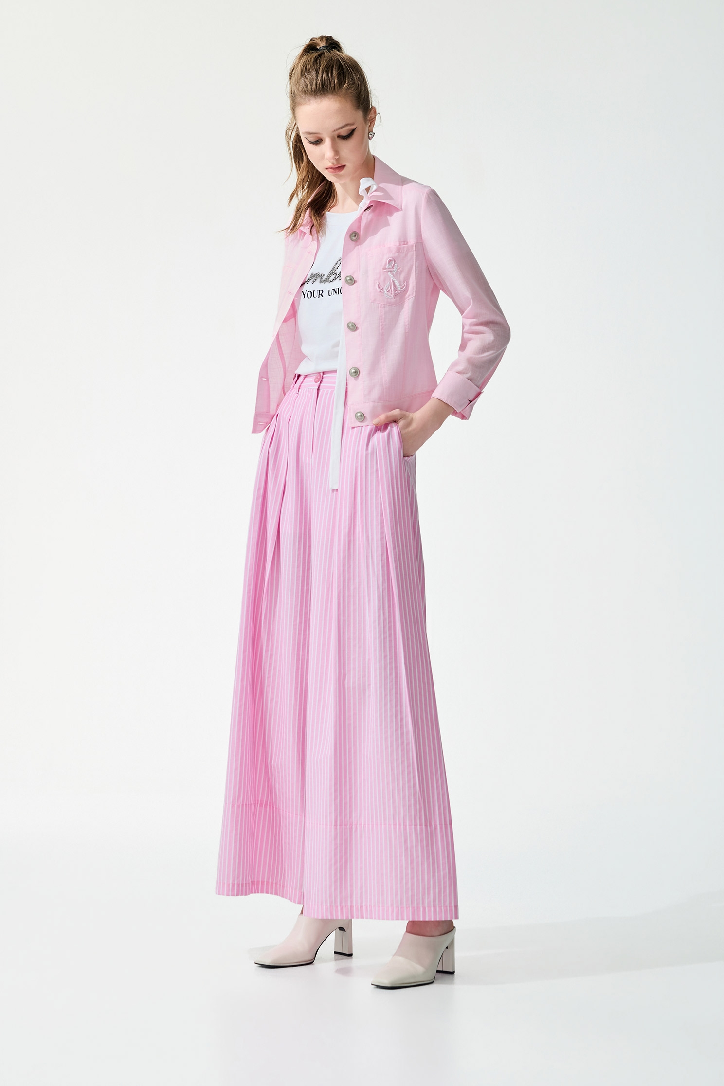 White Pinstripe Pink Wide Leg Pants,Culottes,Season (SS) Look,Stripe,pants