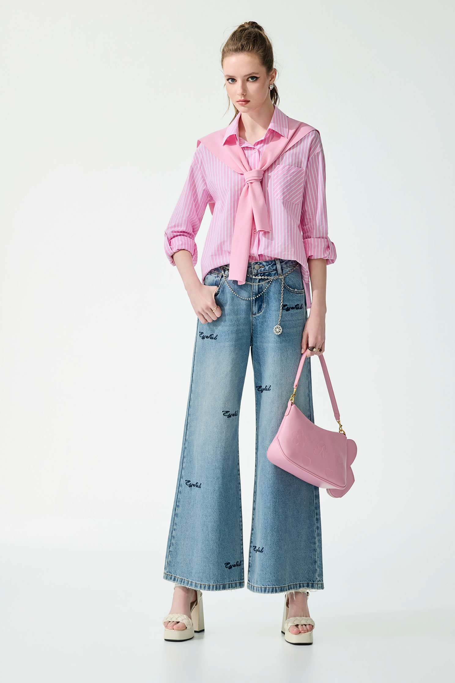 Embroidery Slogan Wide Leg Jeans,Embroidered,Season (SS) Look,Denim,Jeans,pants