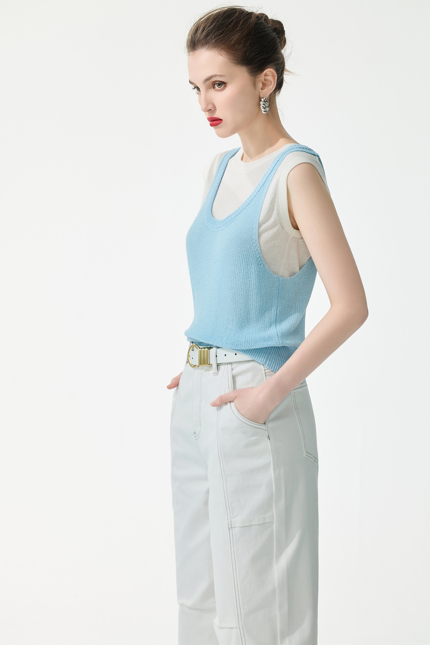 Stitching Detail Straight Cut Jeans,Season (SS) Look,Denim,Jeans,White pants,Cotton,pants