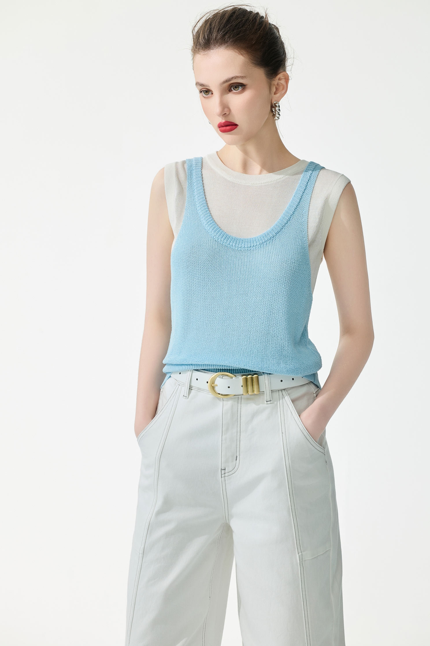 Stitching Detail Straight Cut Jeans,Season (SS) Look,Denim,Jeans,White pants,Cotton,pants
