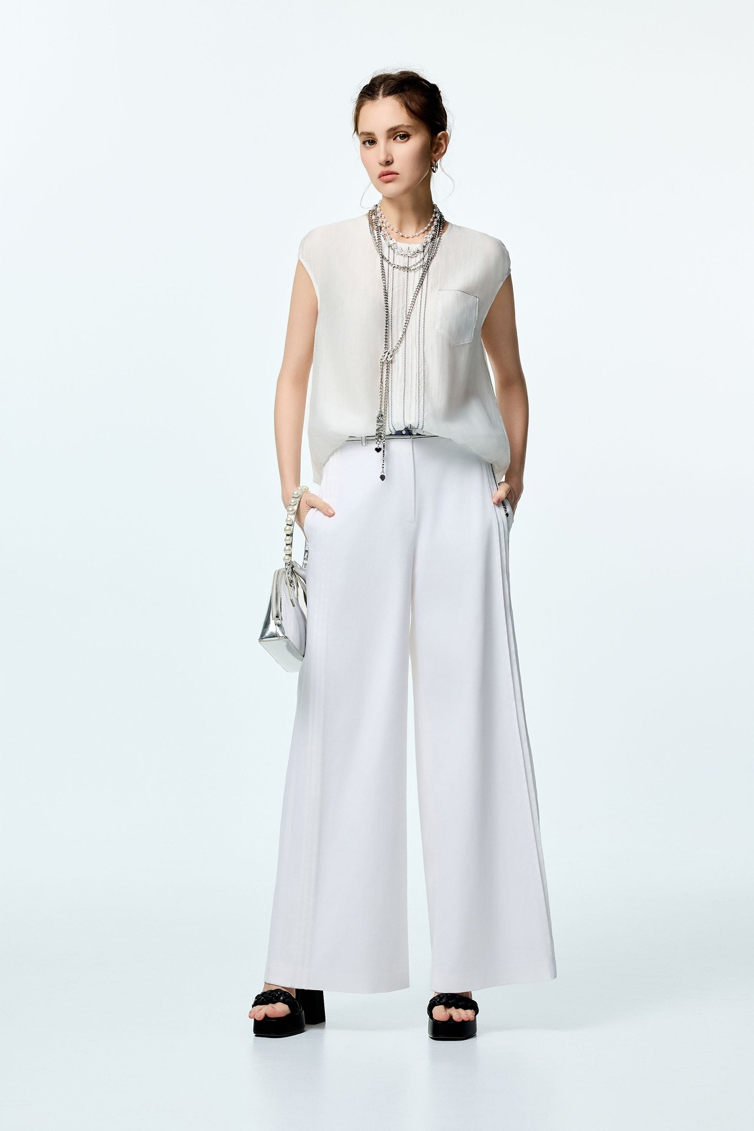 Pleated Detail Wide Leg PantsPleated Detail Wide Leg Pants,Culottes,Season (SS) Look,White pants,pants,Urban Fashion