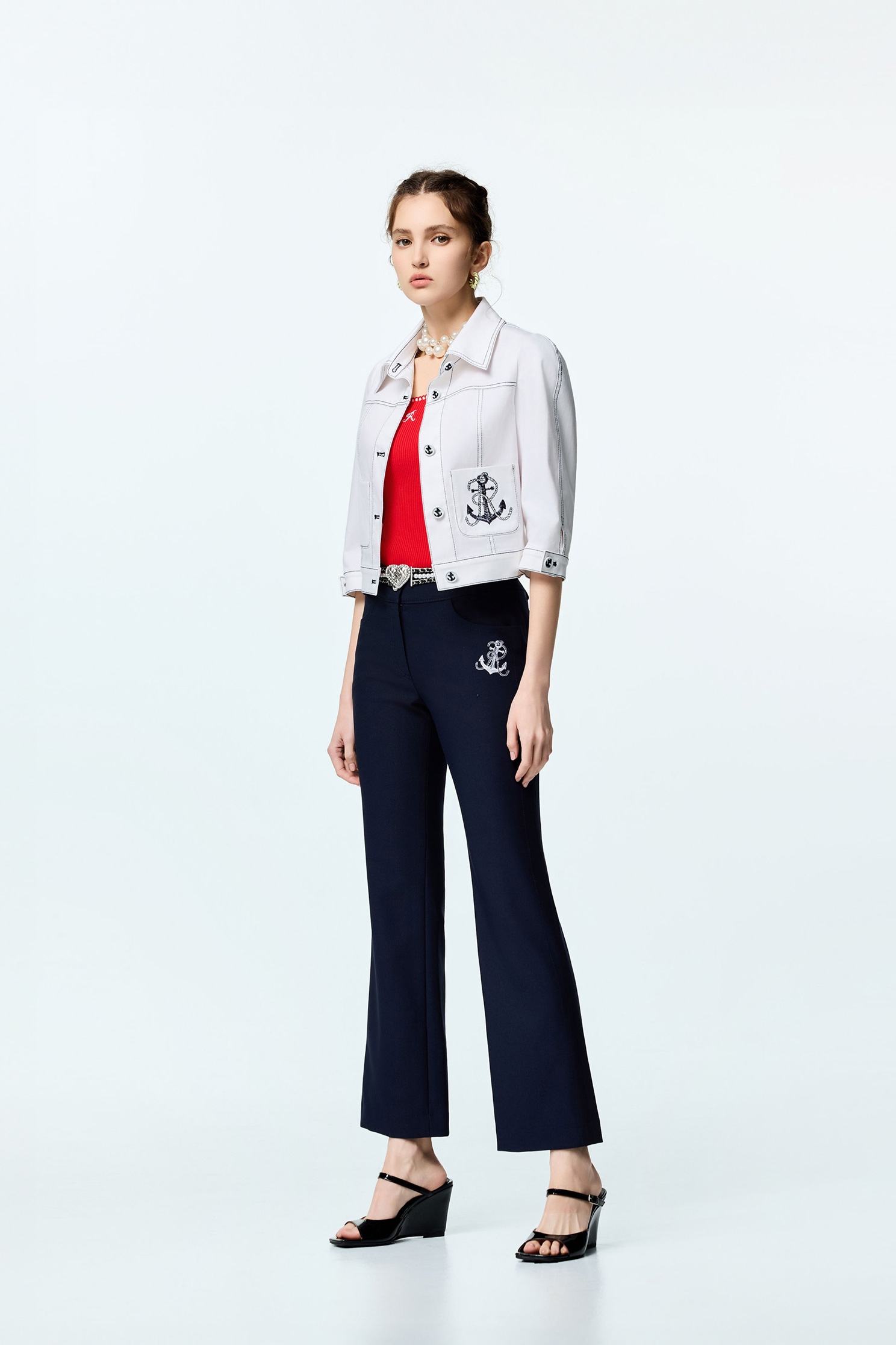Anchor Logo Navy Boot Leg PantsAnchor Logo Navy Boot Leg Pants,Embroidered,Bell-bottoms,Season (SS) Look,pants,Urban Fashion