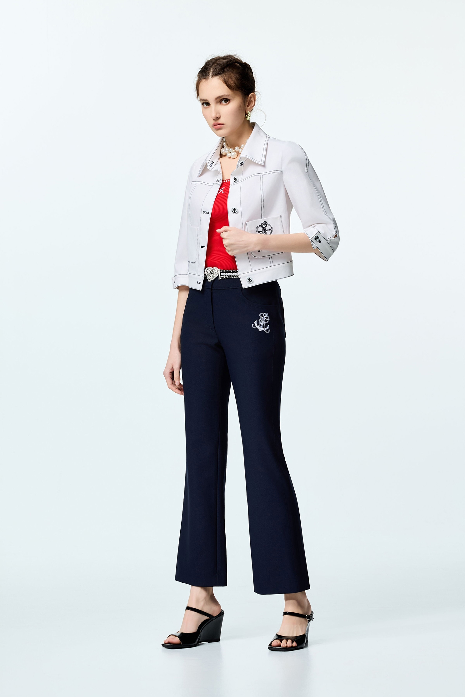 Anchor Logo Navy Boot Leg PantsAnchor Logo Navy Boot Leg Pants,Embroidered,Bell-bottoms,Season (SS) Look,pants,Urban Fashion