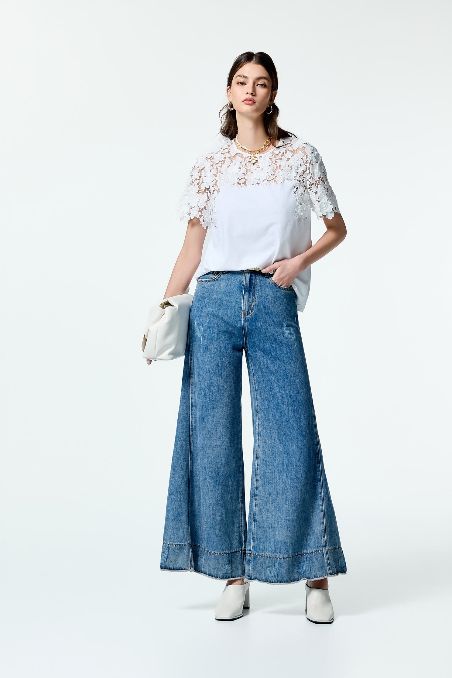 Distress Detail Wide Leg JeansDistress Detail Wide Leg Jeans,Denim,Culottes,Season (SS) Look,Denim,Jeans,Denim pants,White pants,Valentine,Wide-leg jeans,upperclass,Pants